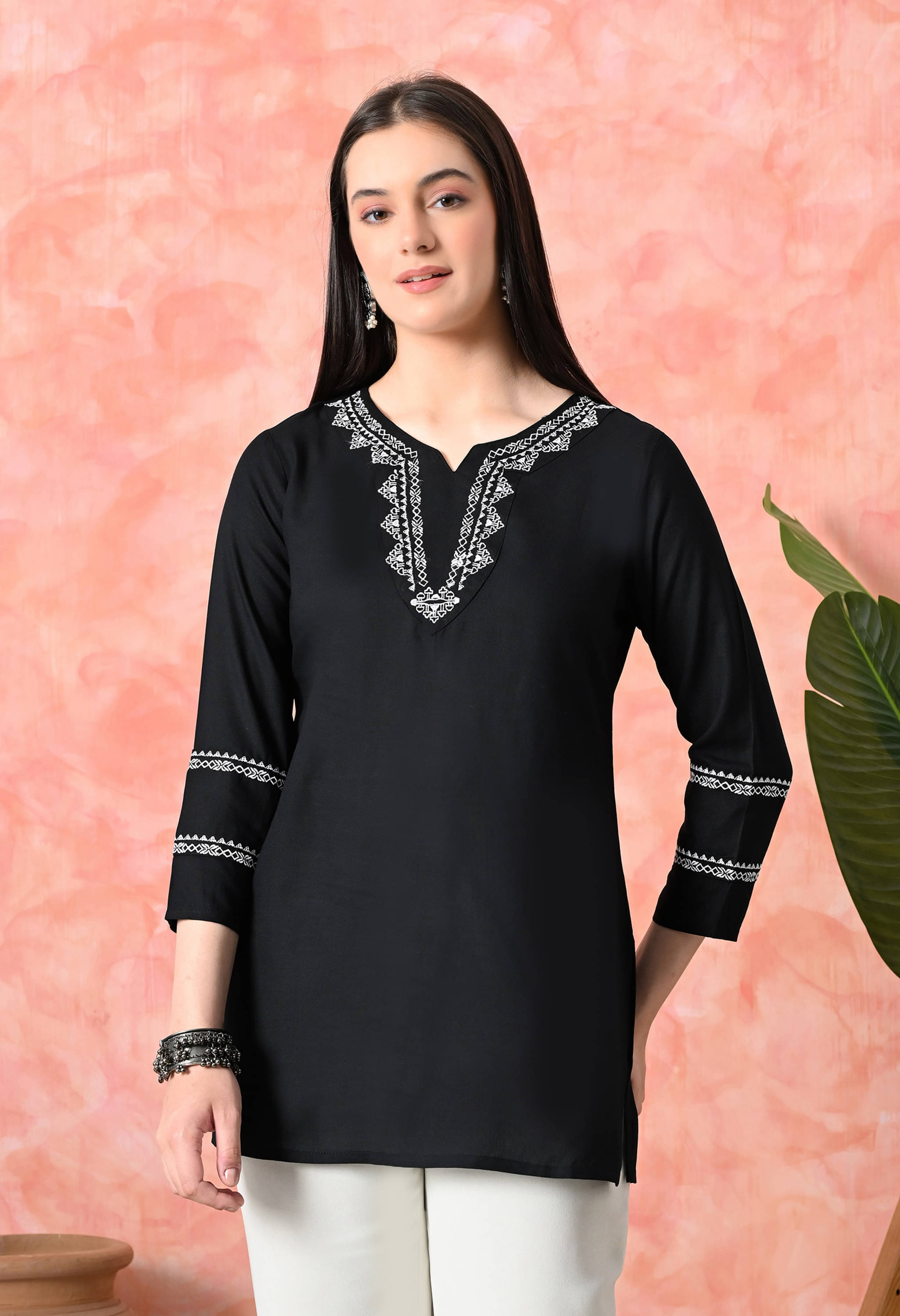 Daneen Women's Viscose Rayon Embroidered Straight Kurti - ( Black ) Daneen Women's Viscose Rayon Embroidered Straight Kurti - ( Black )
