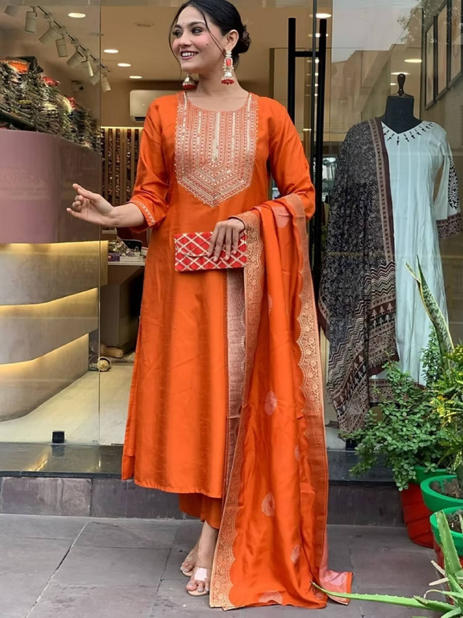 GOPI SAREE Women Cotton Silk Embroidered A-line Kurti With Pants ( Rust ) GOPI SAREE Women Cotton Silk Embroidered A-line Kurti With Pants ( Rust )
