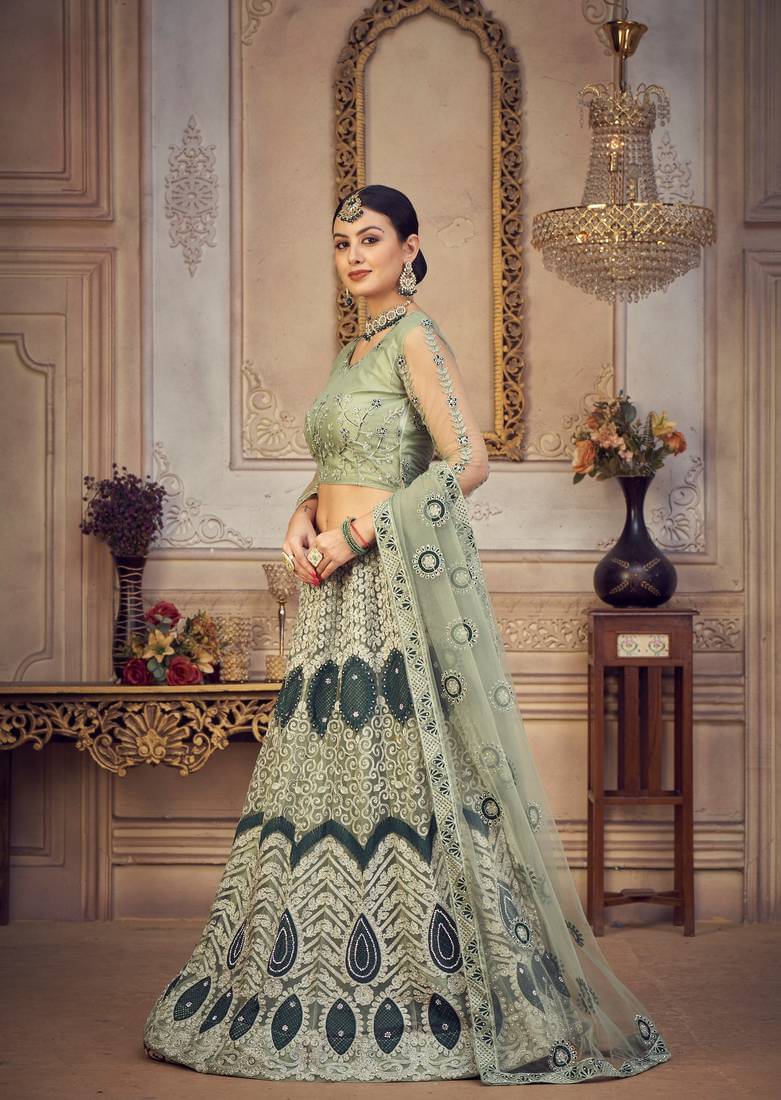 Keyura Green,White Super Net Unstitched Semi Stitched Lehenga Single Keyura Green,White Super Net Unstitched Semi Stitched Lehenga Single