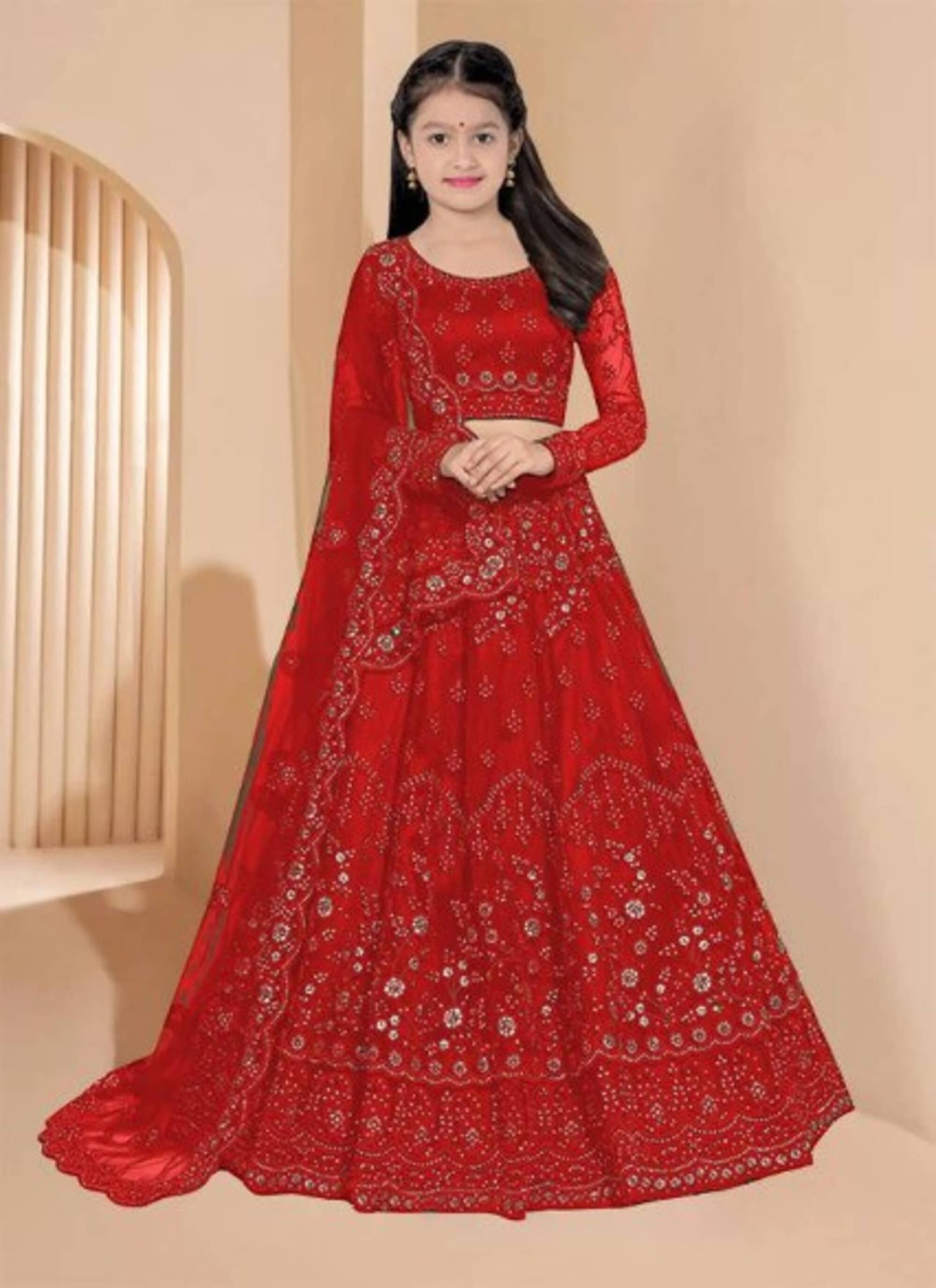 Keyura Net Lehenga Choli Set For Girls ( Pack of 1 , Red )