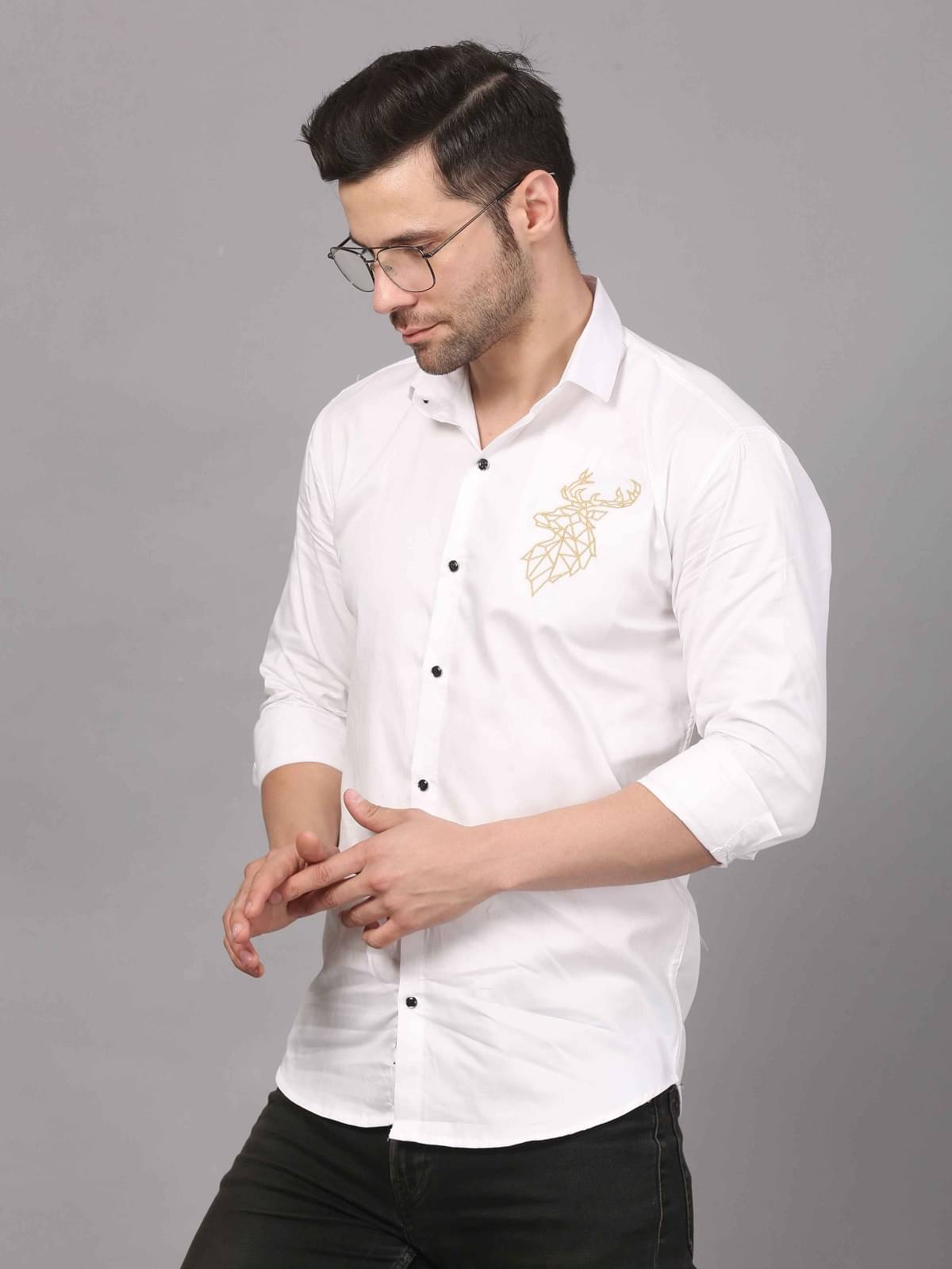 MARQVIK Cotton Blend Regular Fit Embroidered Full Sleeves Men's Casual Shirt - White ( Pack of 1 ) MARQVIK Cotton Blend Regular Fit Embroidered Full Sleeves Men's Casual Shirt - White ( Pack of 1 )