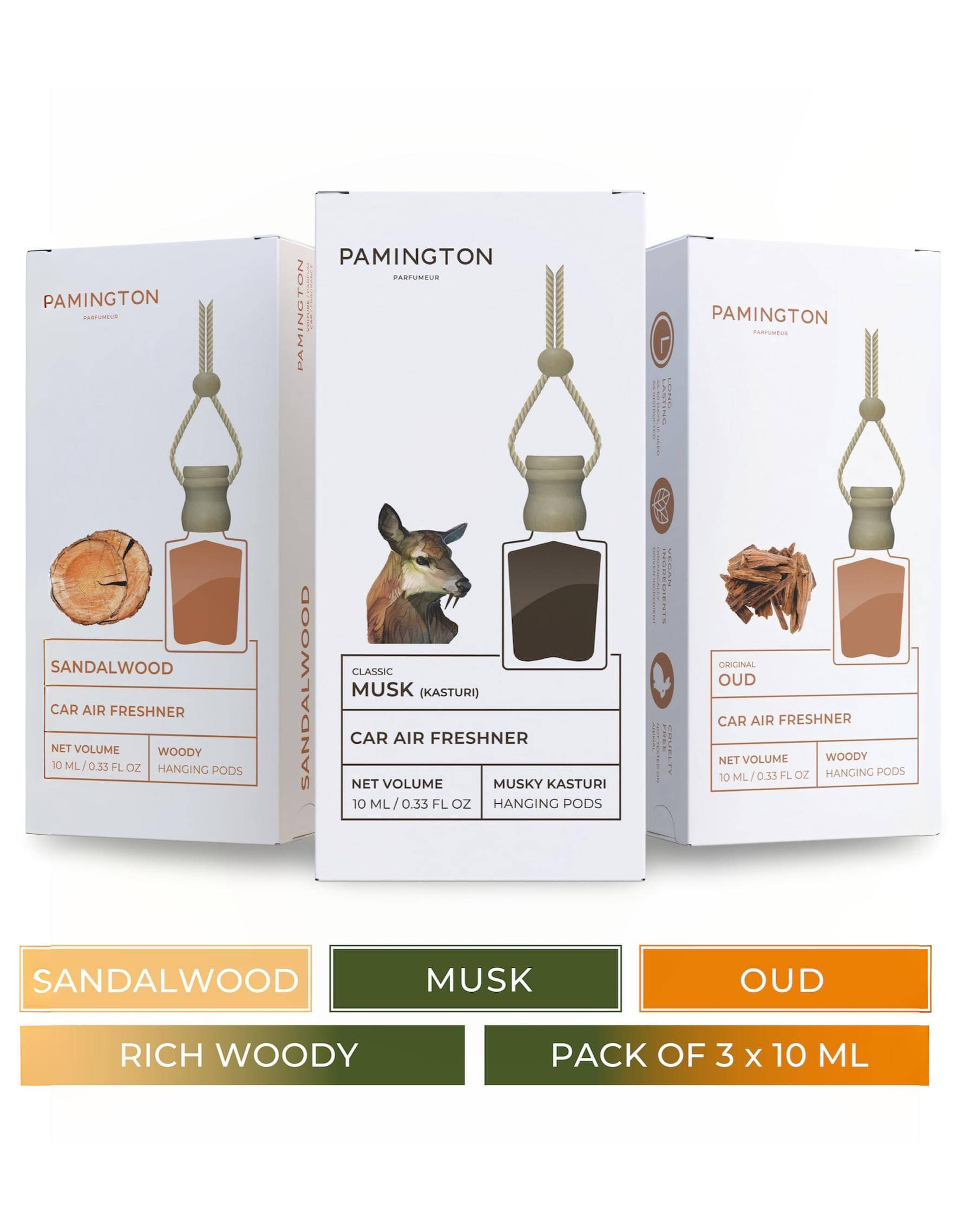     			PAMINGTON Sandalwood, Musk, Oud - Pack of 3 Car Air Freshener | Car Perfume last upto 60 Days | Car Accessories - 30ml