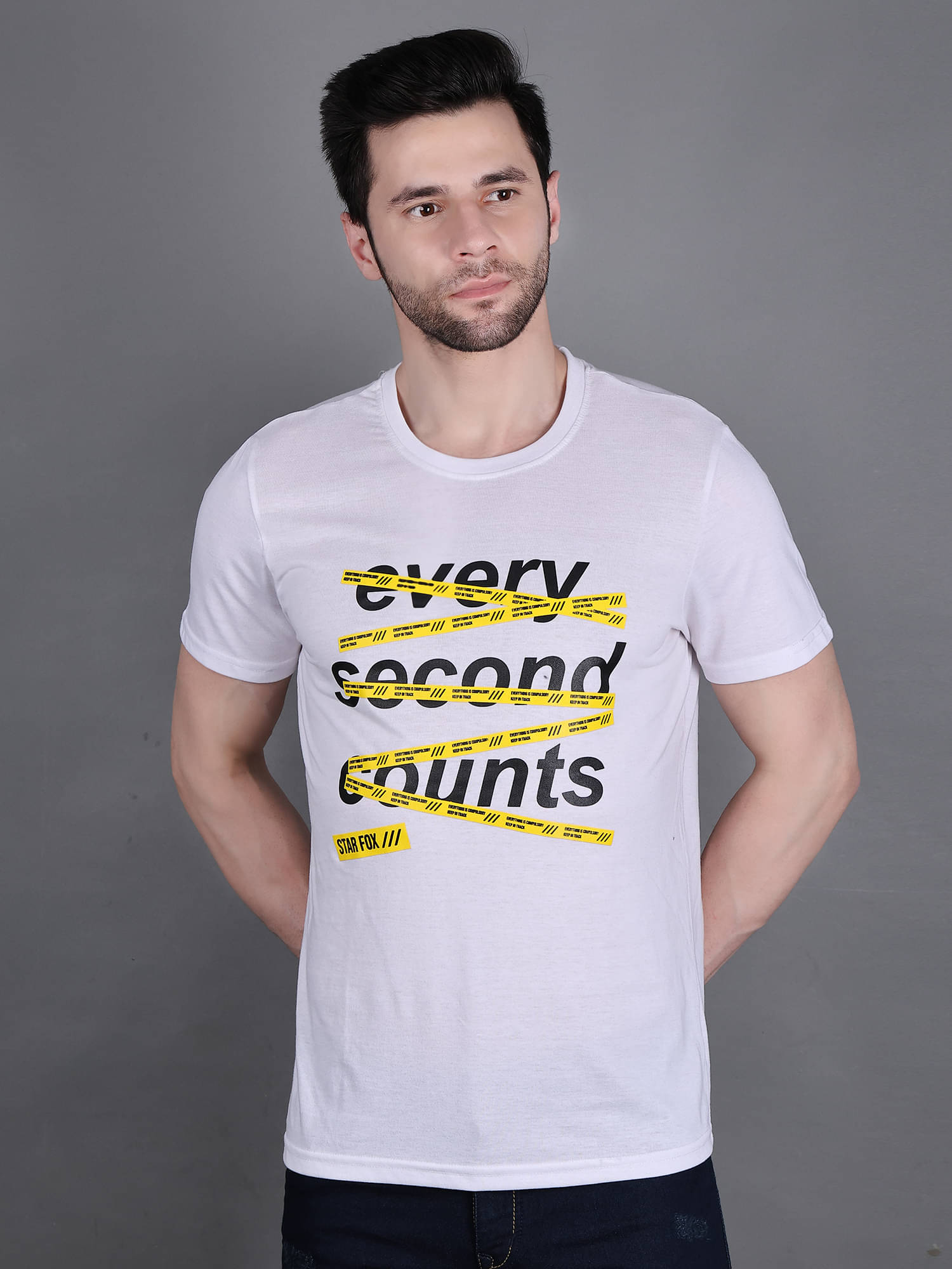 STARFOX Men Cotton Blend Slim Fit Printed T-Shirt ( White ) STARFOX Men Cotton Blend Slim Fit Printed T-Shirt ( White )