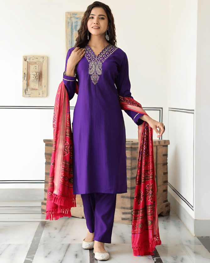     			STAVROZ FASHION Women Cotton Silk Embroidered Straight Kurti With Salwar ( Purple )
