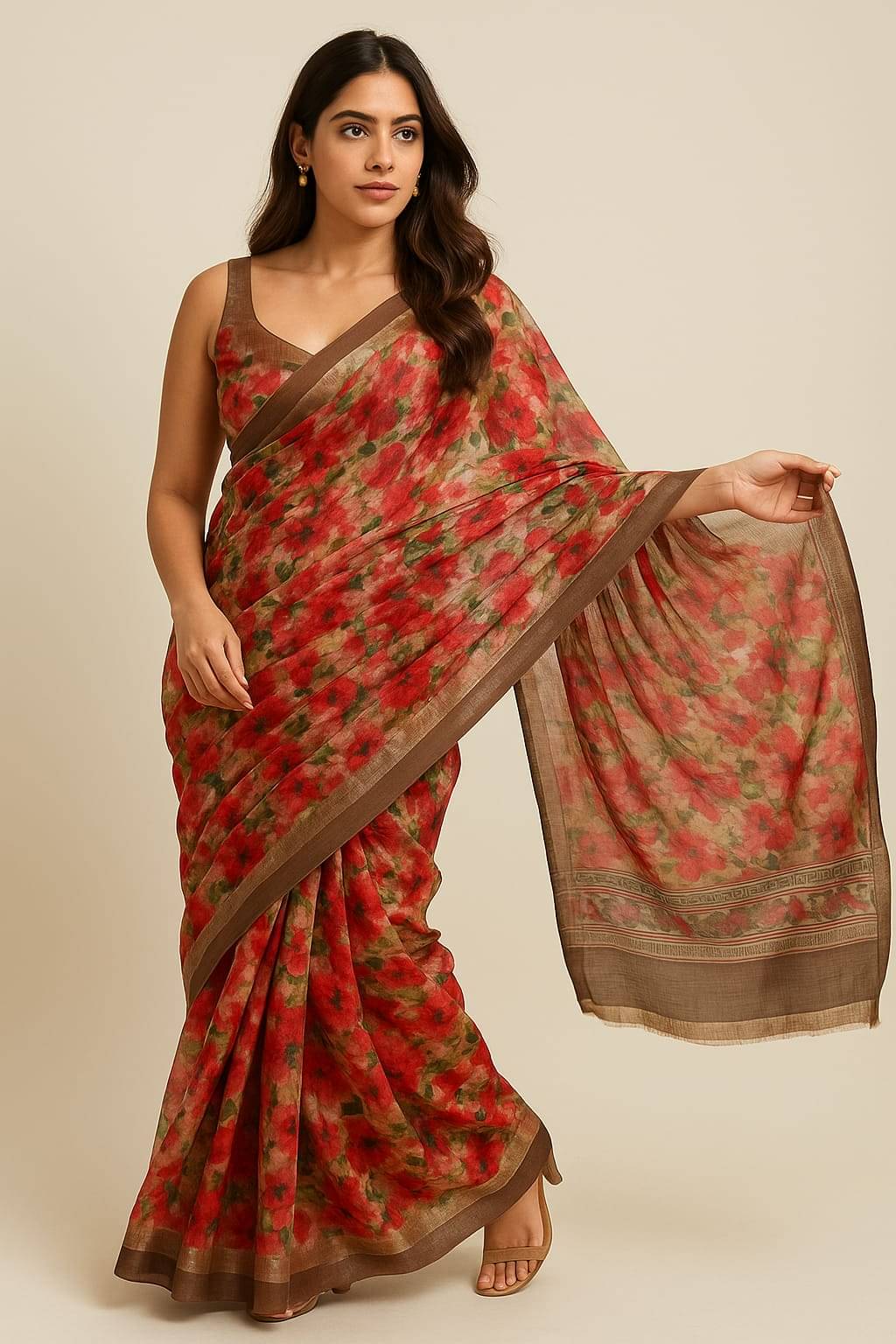 Sureta Linen Printed Saree With Unstitched Blouse Piece ( Rose Gold ) Sureta Linen Printed Saree With Unstitched Blouse Piece ( Rose Gold )