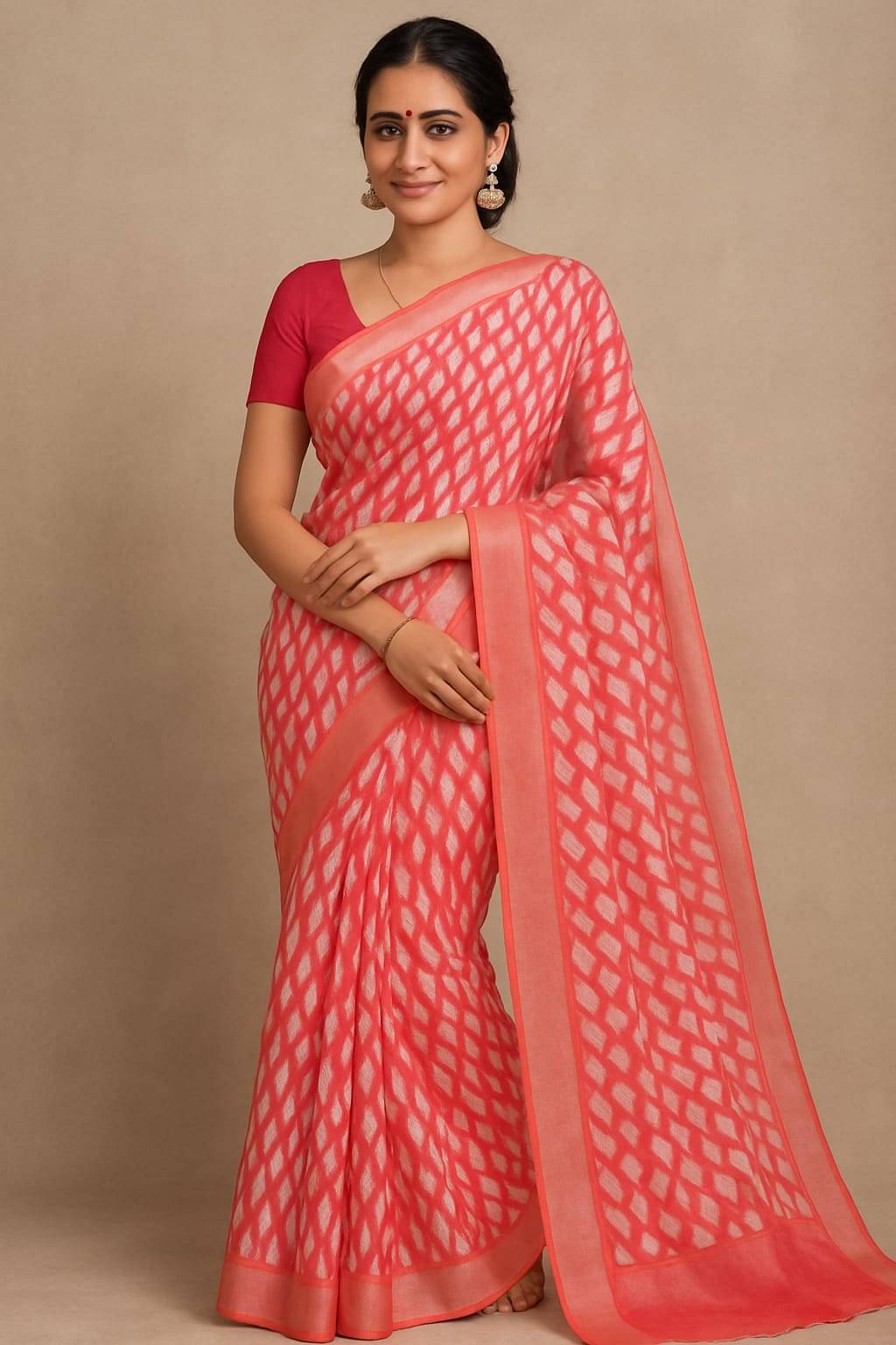 Sureta Linen Printed Saree With Unstitched Blouse Piece ( Pink ) Sureta Linen Printed Saree With Unstitched Blouse Piece ( Pink )