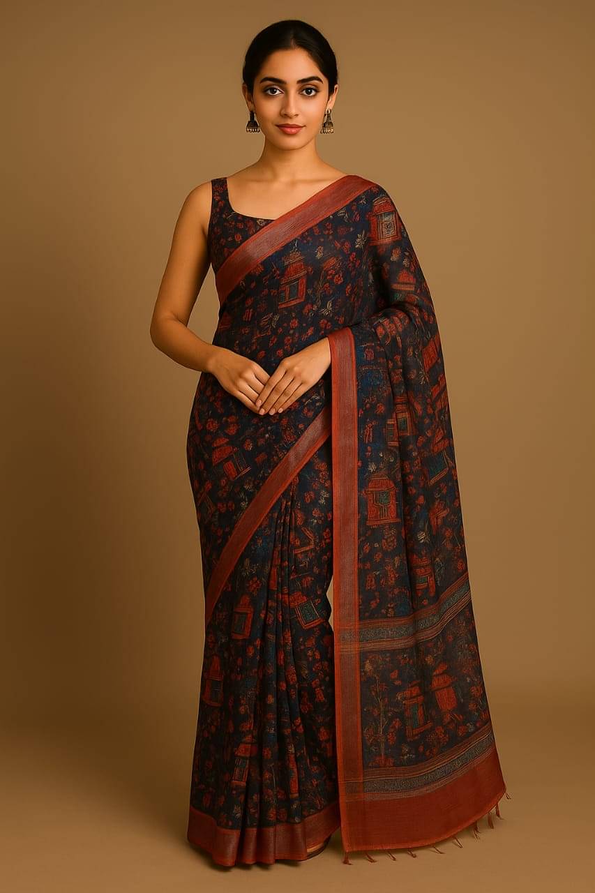     			Sureta Linen Printed Saree With Unstitched Blouse Piece ( Navy Blue )