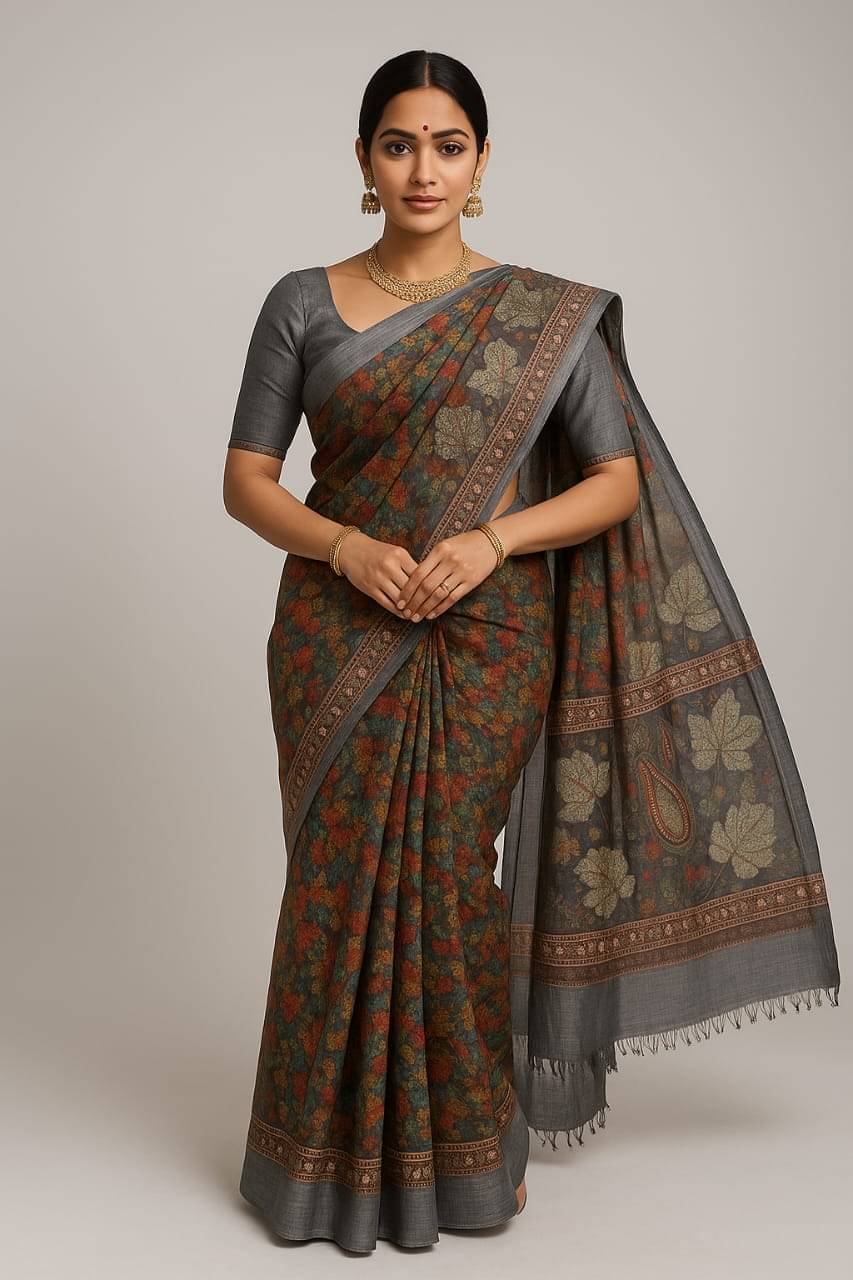 Sureta Linen Printed Saree With Unstitched Blouse Piece ( Grey Melange ) Sureta Linen Printed Saree With Unstitched Blouse Piece ( Grey Melange )
