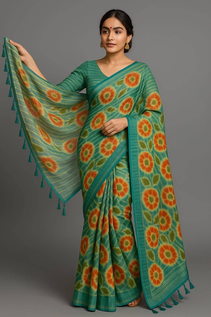 Sureta Linen Printed Saree With Unstitched Blouse Piece ( Sea Green ) Sureta Linen Printed Saree With Unstitched Blouse Piece ( Sea Green )