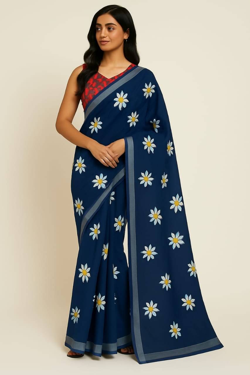     			Sureta Linen Printed Saree With Unstitched Blouse Piece ( Blue )