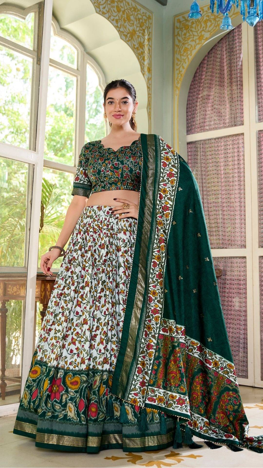     			TEHSVA Green Tussar Silk Sharara Stitched Lehenga Single