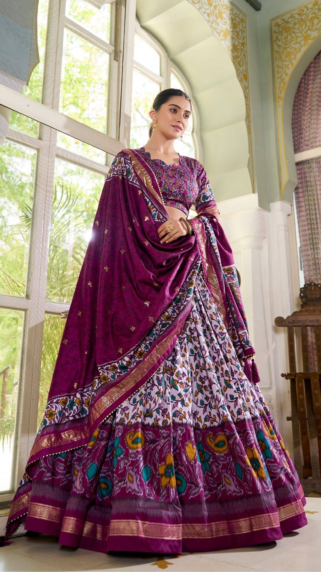     			TEHSVA Purple Tussar Silk A-line Stitched Lehenga Single