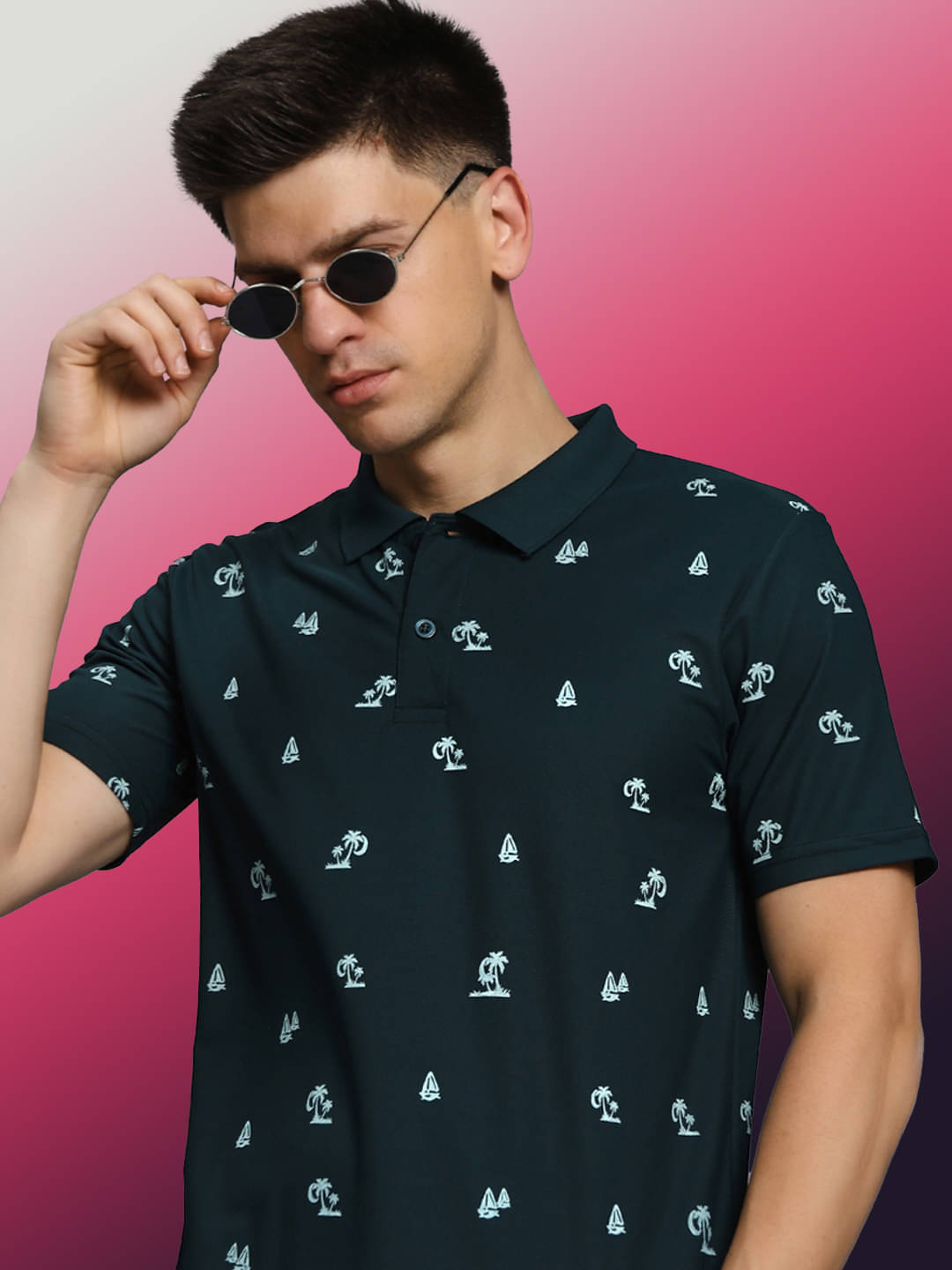     			TIMBER HITCH Men Cotton Blend Regular Fit Printed Polo T Shirt ( Dark Green )