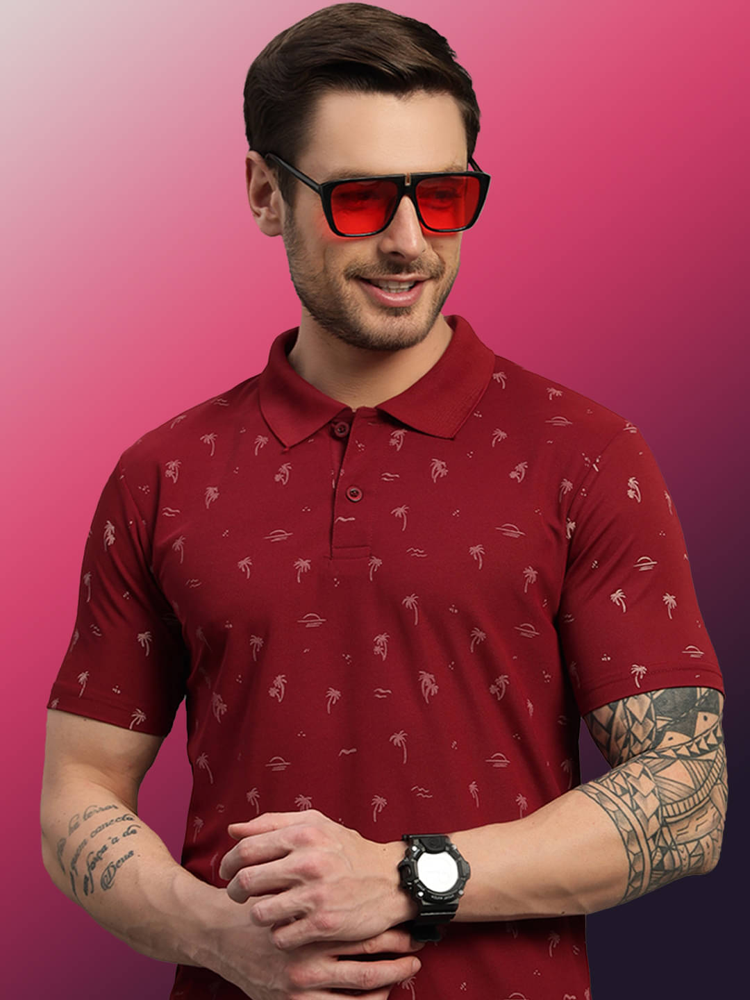     			TIMBER HITCH Men Cotton Blend Regular Fit Printed Polo T Shirt ( Maroon )