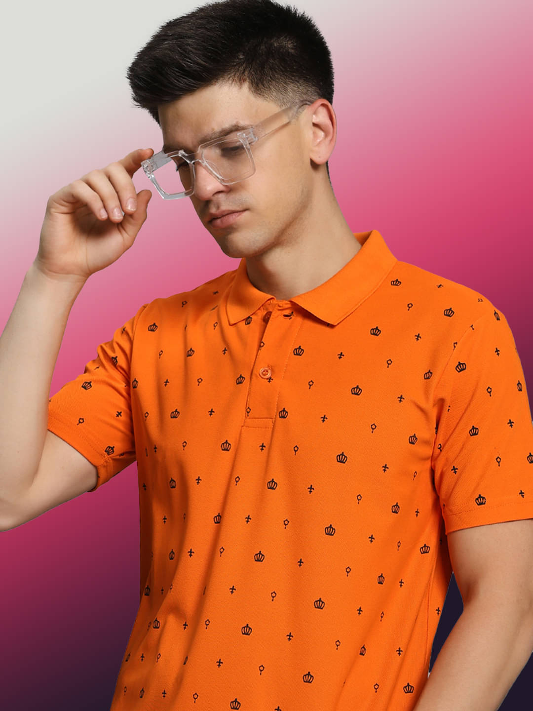     			TIMBER HITCH Men Cotton Blend Regular Fit Printed Polo T Shirt ( Orange )