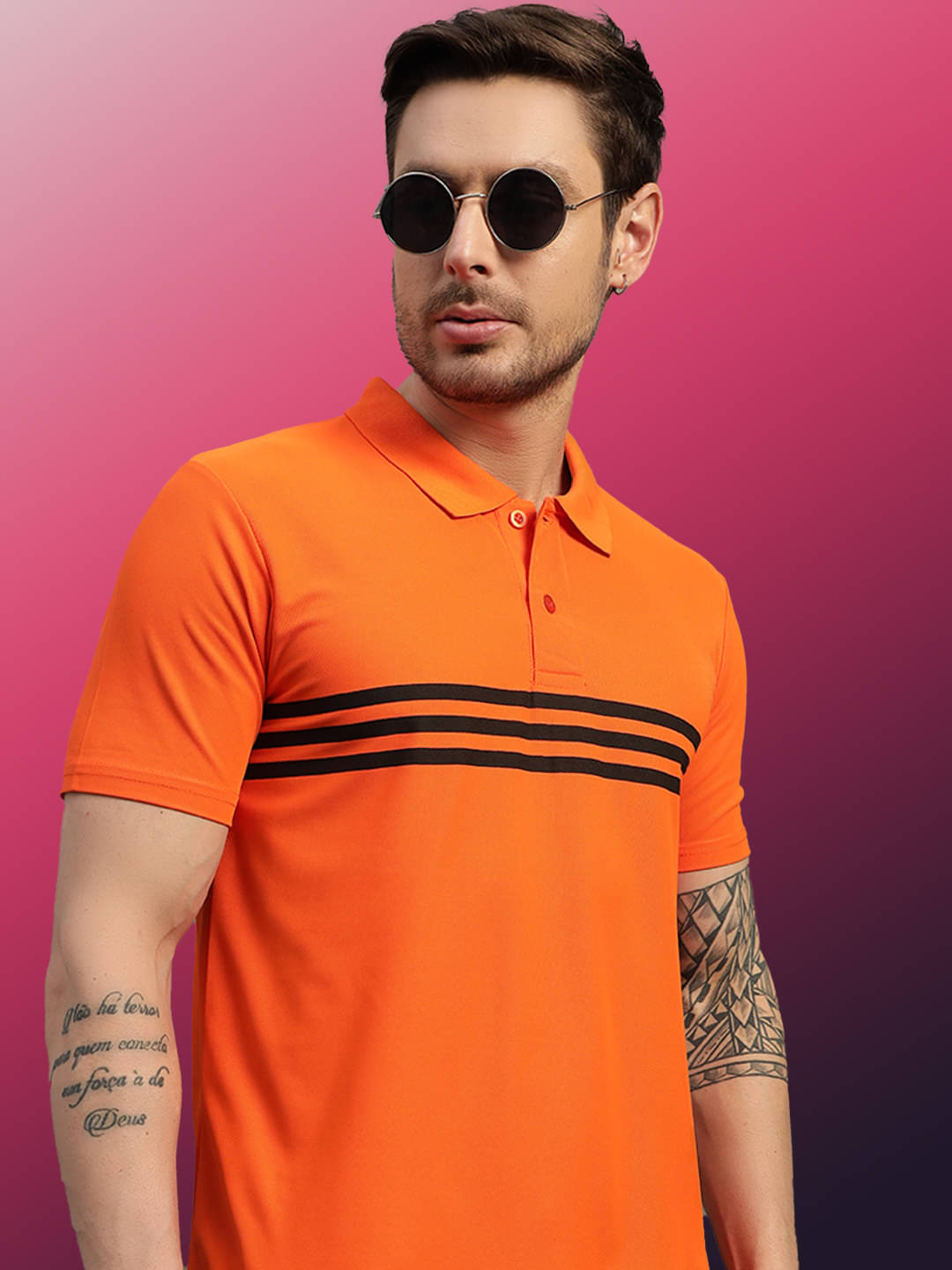     			TIMBER HITCH Men Cotton Blend Regular Fit Printed Polo T Shirt ( Orange )