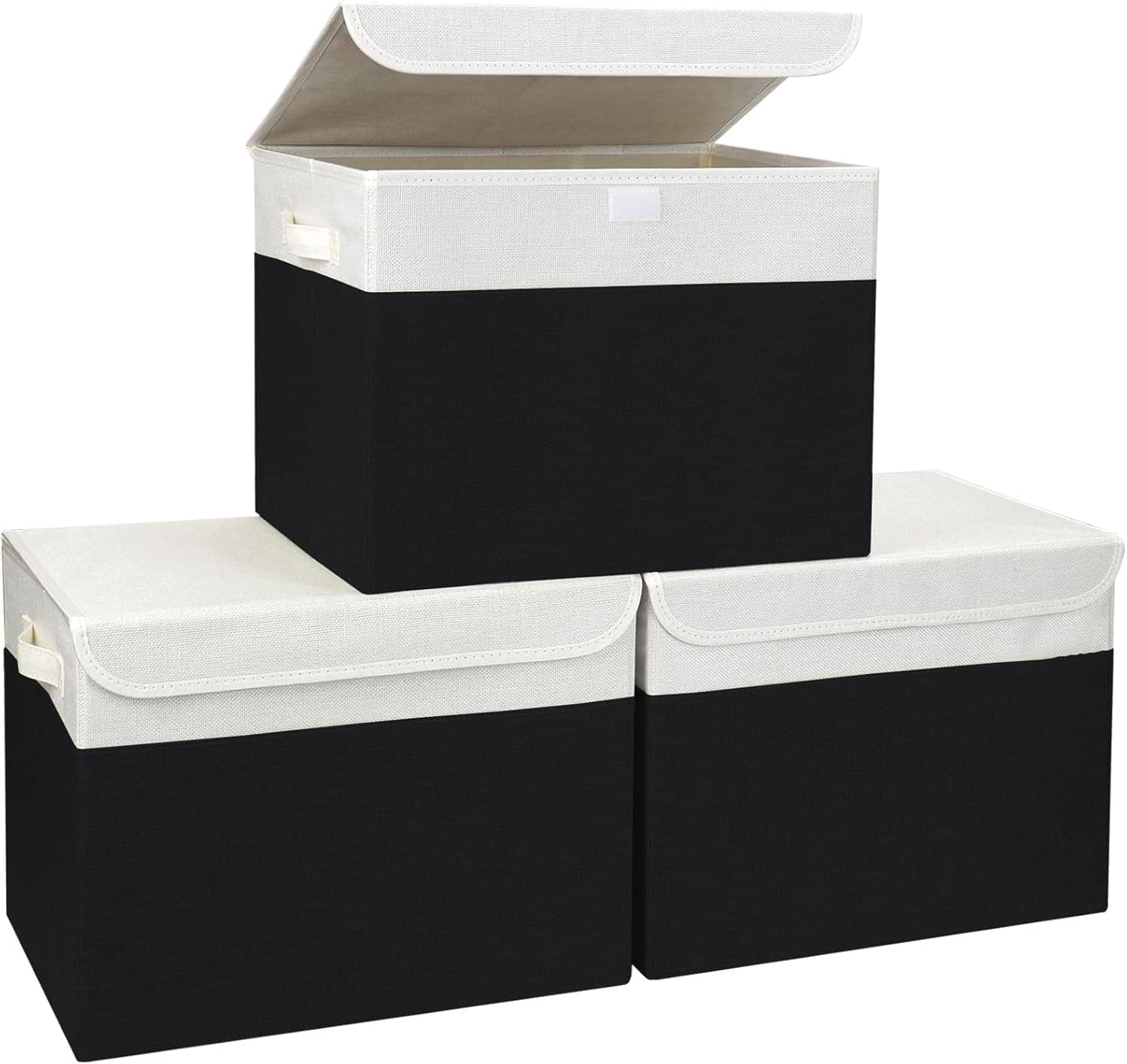     			ZOVIRA Storage Boxes with Lids, Set of 3, Foldable Fabric Organizer Bins with Handles, Black and White (black white 3)