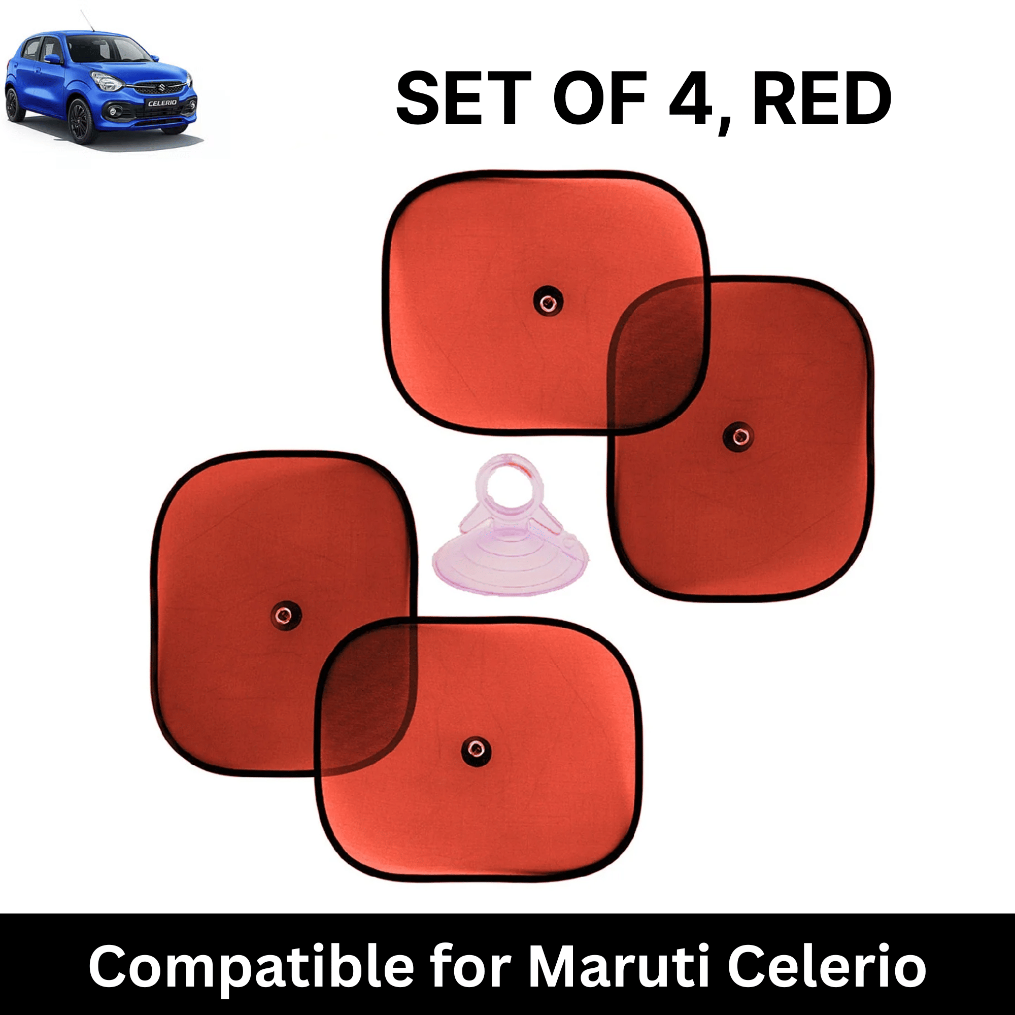 Car Sun Shade for Side Windows (Red, Set of 4) with vaccum Suction Cups for Maruti Celerio     			Car Sun Shade for Side Windows (Red, Set of 4) with vaccum Suction Cups for Maruti Celerio