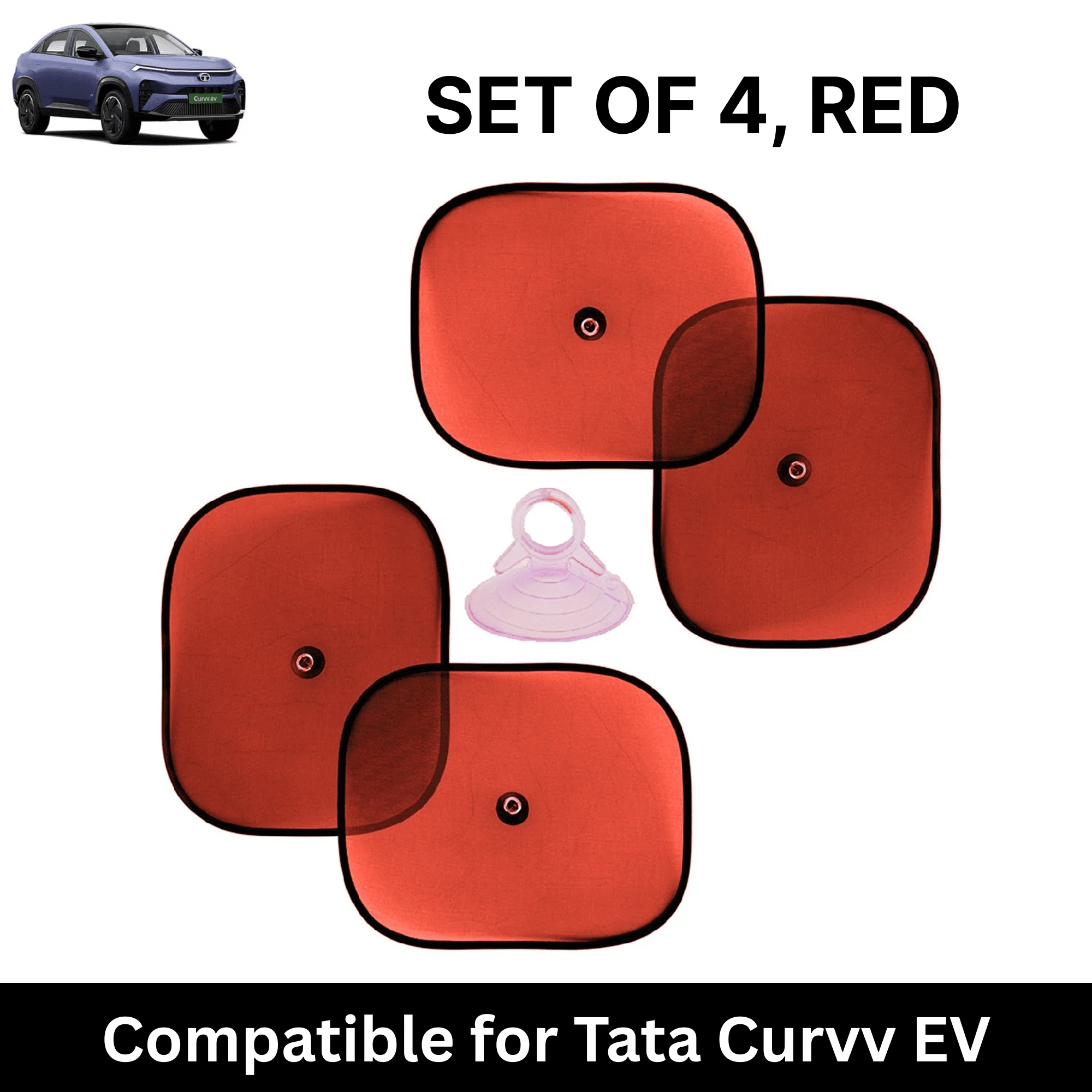     			Car Sun Shade for Side Windows (Red, Set of 4) with vaccum Suction Cups for Tata Curvv EV