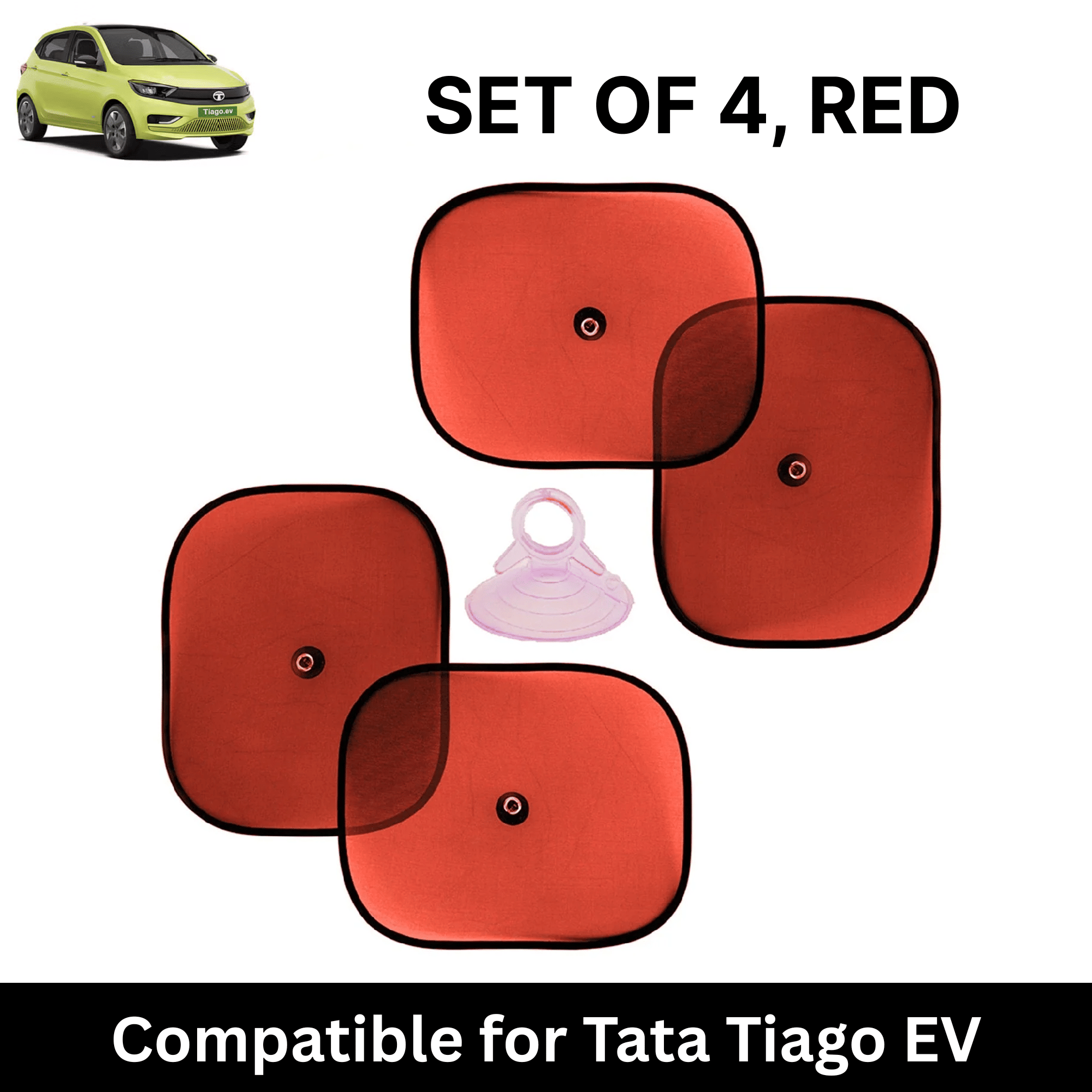     			Car Sun Shade for Side Windows (Red, Set of 4) with vaccum Suction Cups for Tata Tiago EV