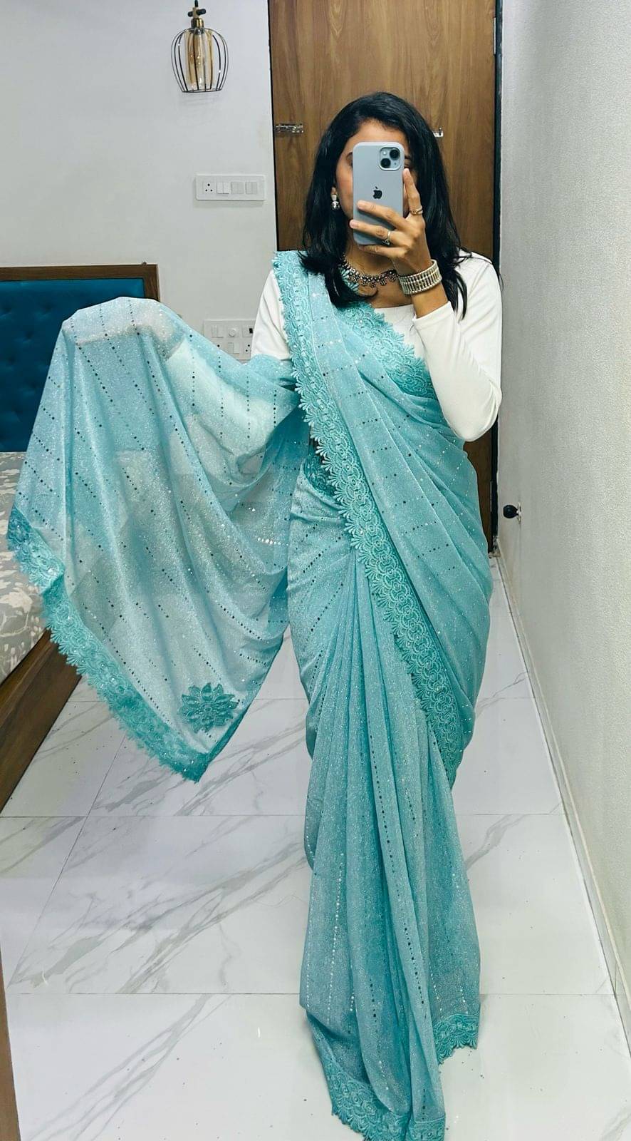 HR Enterprise Lycra Embellished Saree With Unstitched Blouse Piece ( Blue ) HR Enterprise Lycra Embellished Saree With Unstitched Blouse Piece ( Blue )
