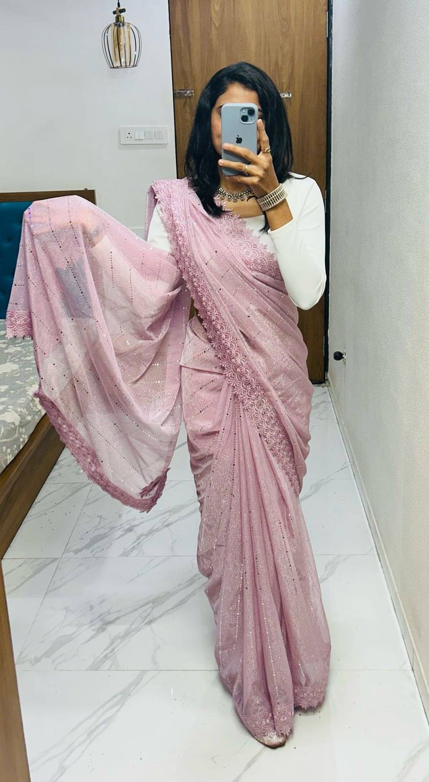     			HR Enterprise Lycra Embellished Saree With Unstitched Blouse Piece ( Pink )