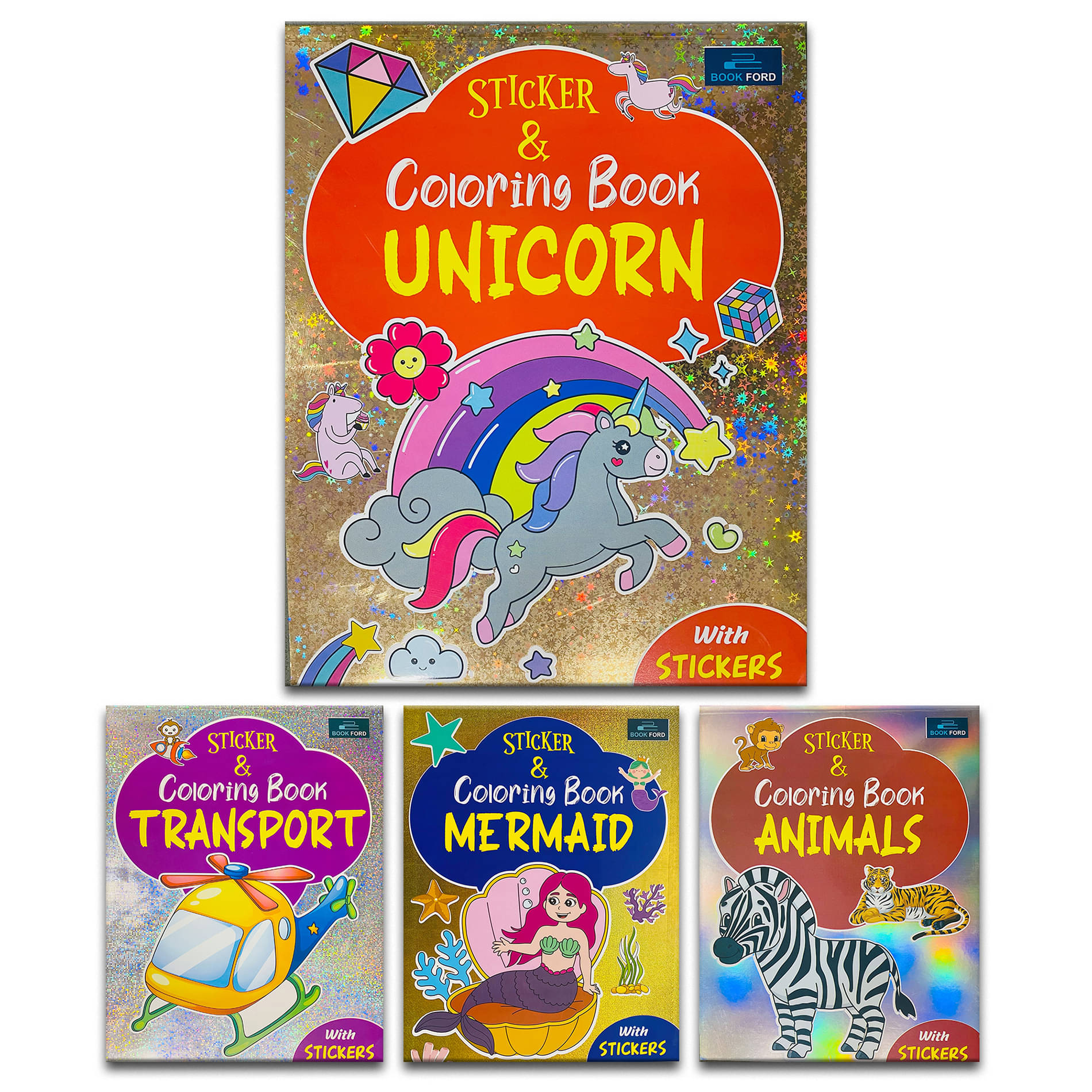 Magical Sticker & Coloring Book for Kids (Set of 4) - Mermaid, Unicorns, Transports and Animals | colour book | sticker book | book | books for kids | kids books     			Magical Sticker & Coloring Book for Kids (Set of 4) - Mermaid, Unicorns, Transports and Animals | colour book | sticker book | book | books for kids | kids books