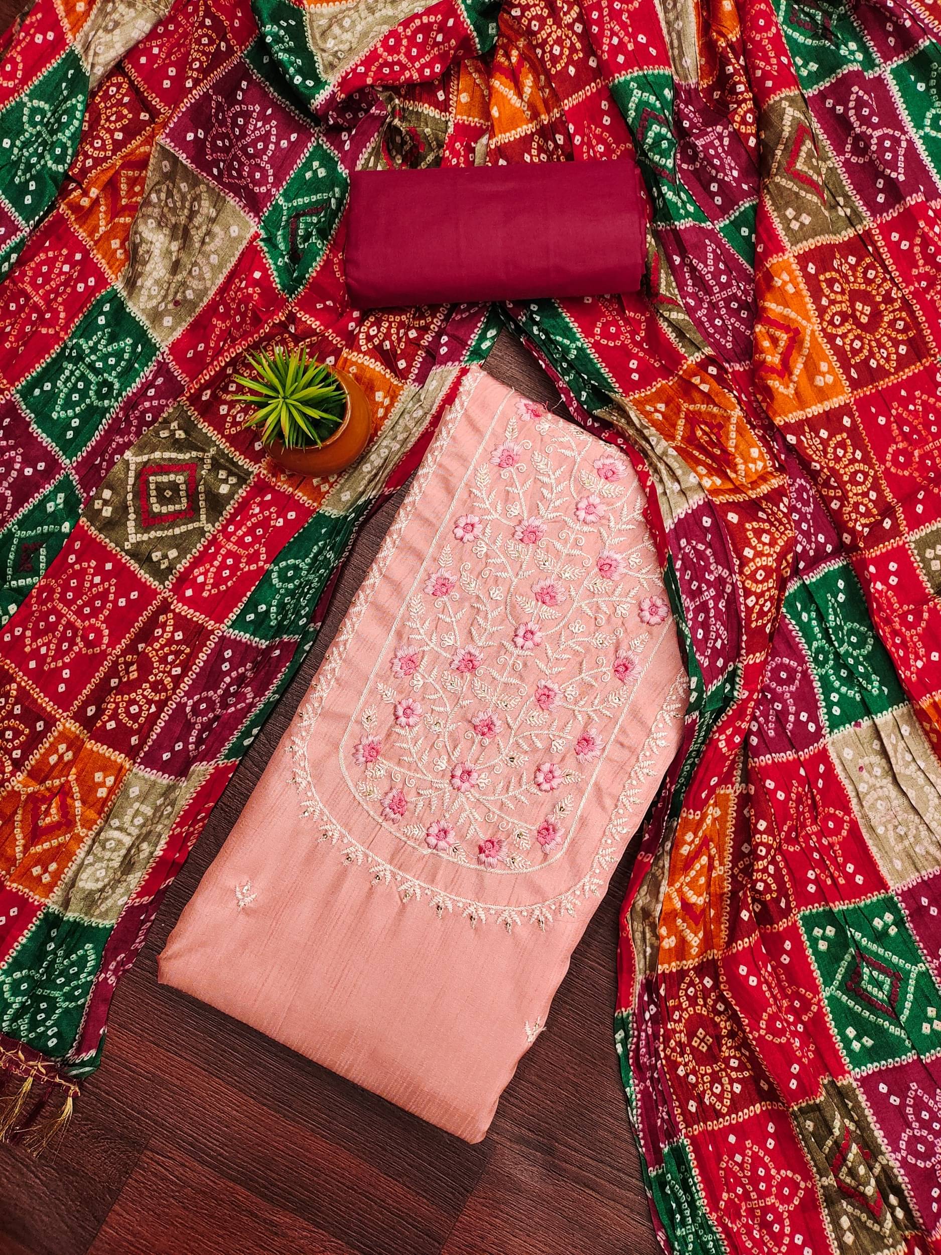     			Rangtulika Ethnics Women Chanderi Unstitched Dress Material ( Pink )