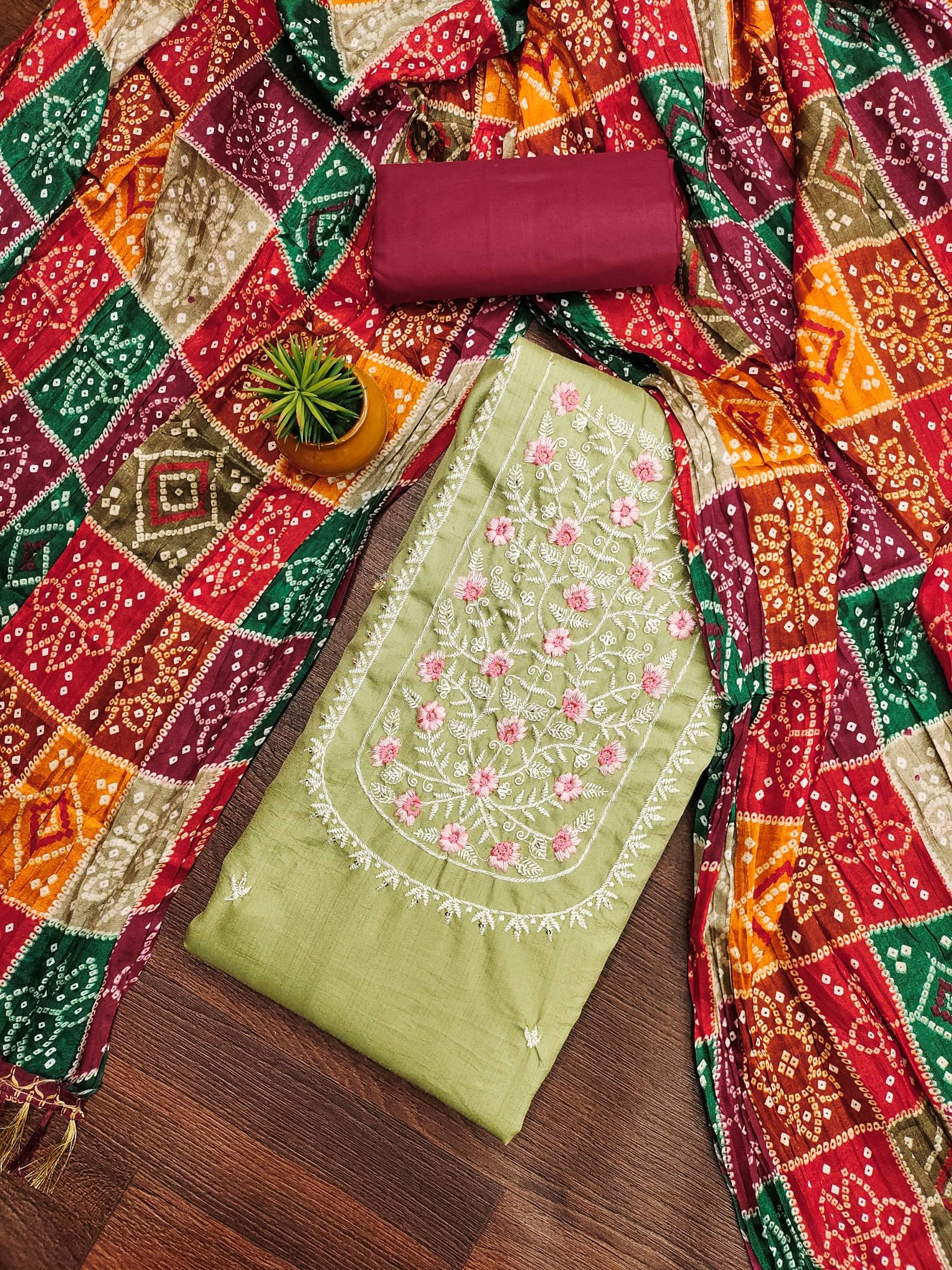 Rangtulika Ethnics Women Chanderi Unstitched Dress Material ( Light Green )     			Rangtulika Ethnics Women Chanderi Unstitched Dress Material ( Light Green )