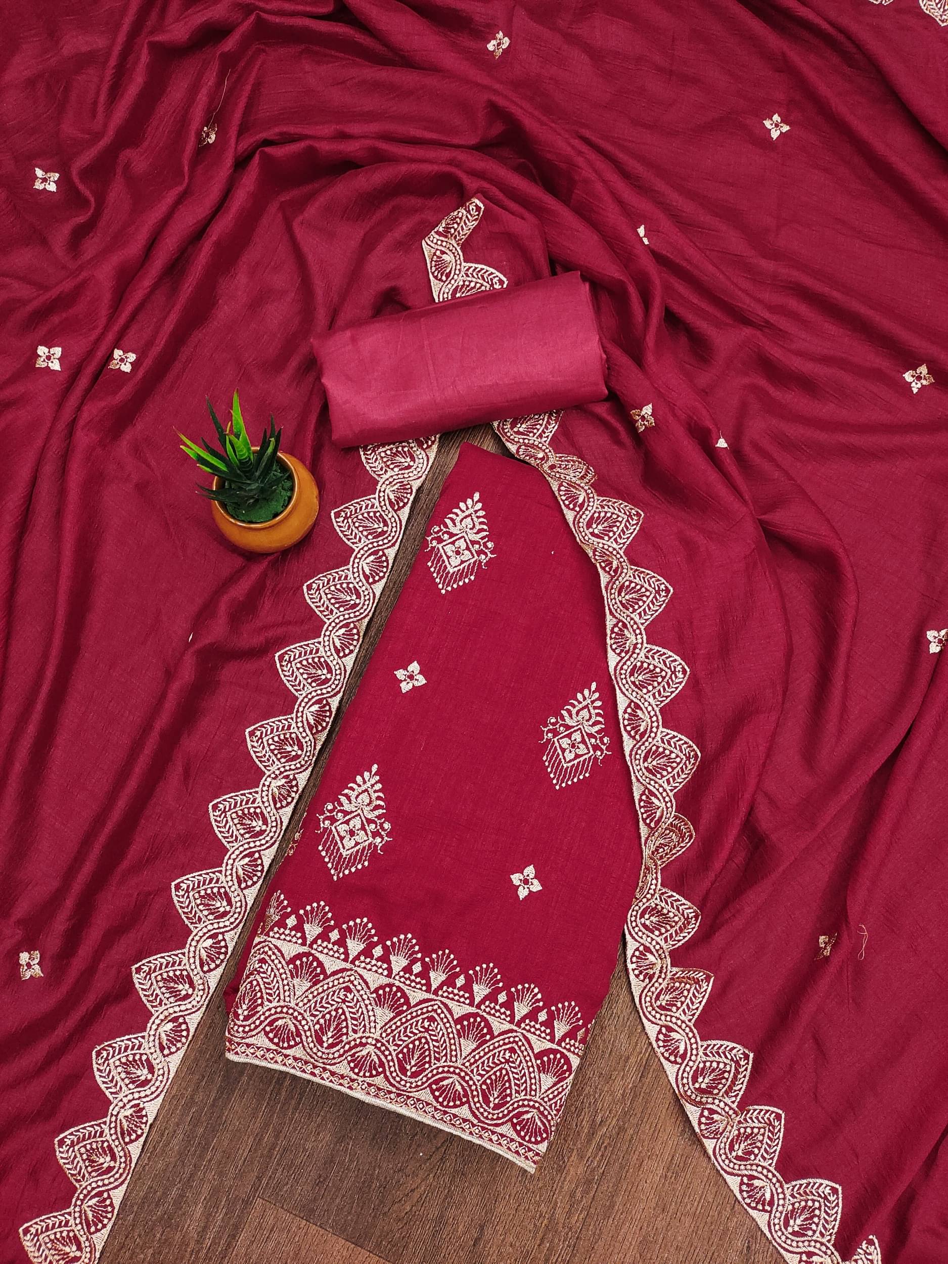 Rangtulika Ethnics Women Chanderi Unstitched Dress Material ( Red ) Rangtulika Ethnics Women Chanderi Unstitched Dress Material ( Red )