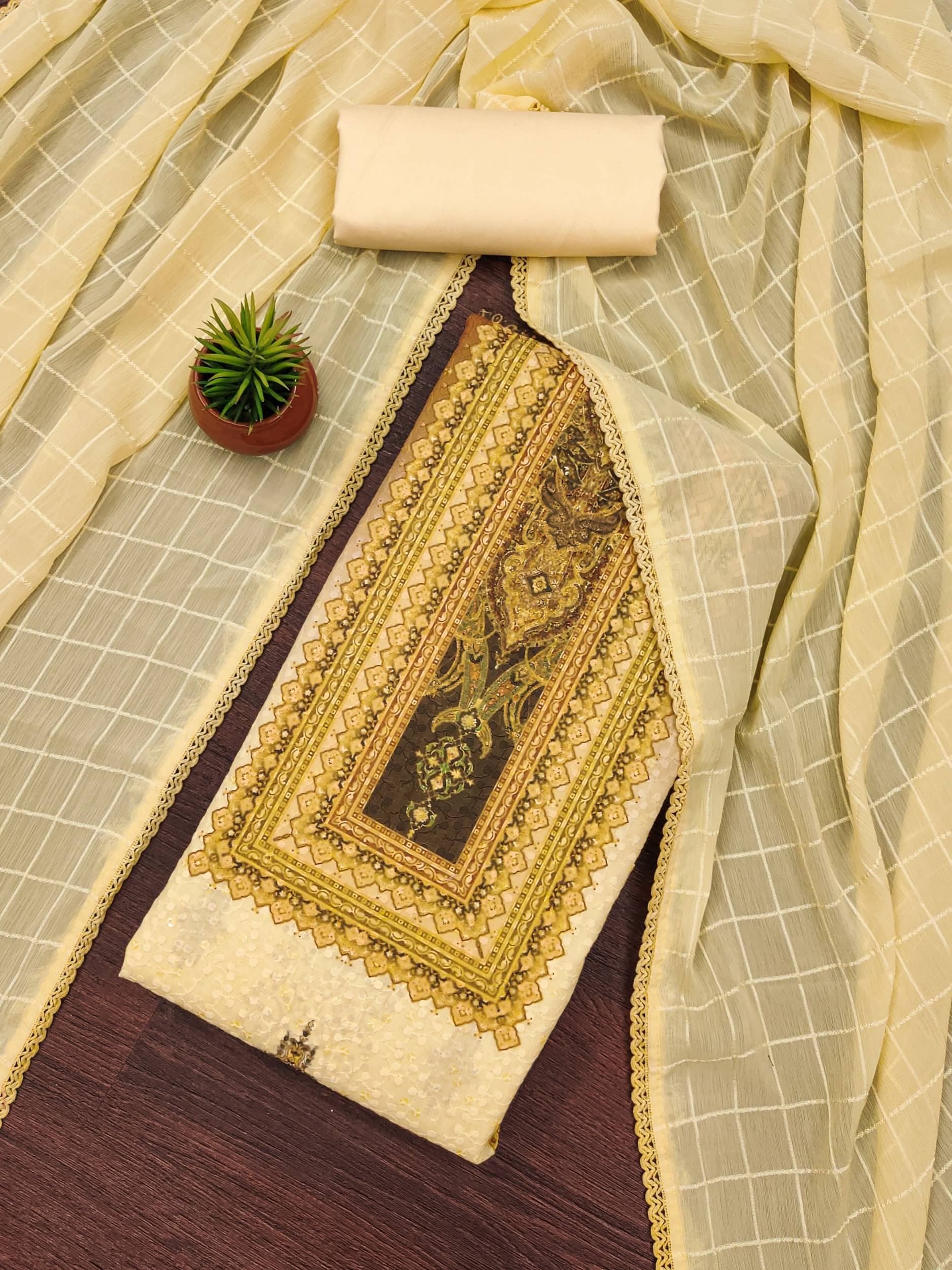Rangtulika Ethnics Women Chiffon Unstitched Dress Material ( Yellow )     			Rangtulika Ethnics Women Chiffon Unstitched Dress Material ( Yellow )