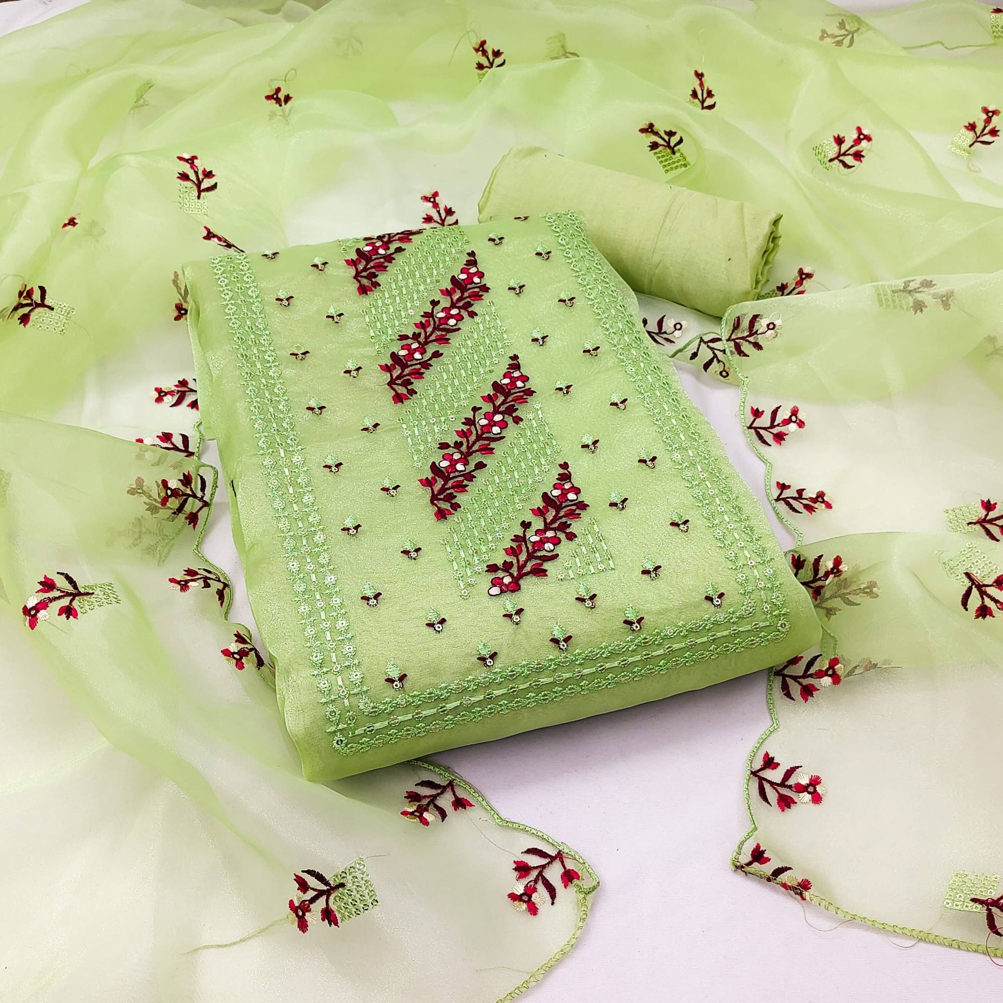 Rangtulika Ethnics Women Organza Unstitched Dress Material ( Green )     			Rangtulika Ethnics Women Organza Unstitched Dress Material ( Green )
