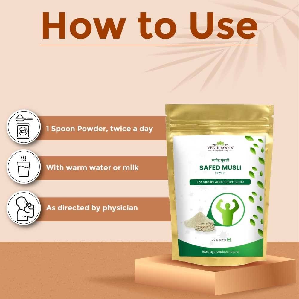     			Vedikroots Safed Musli Root Powder | Natural | Herbal Supplement | Immunity Booster | Strength and Vitality- 100 Gram (Pack of 3)