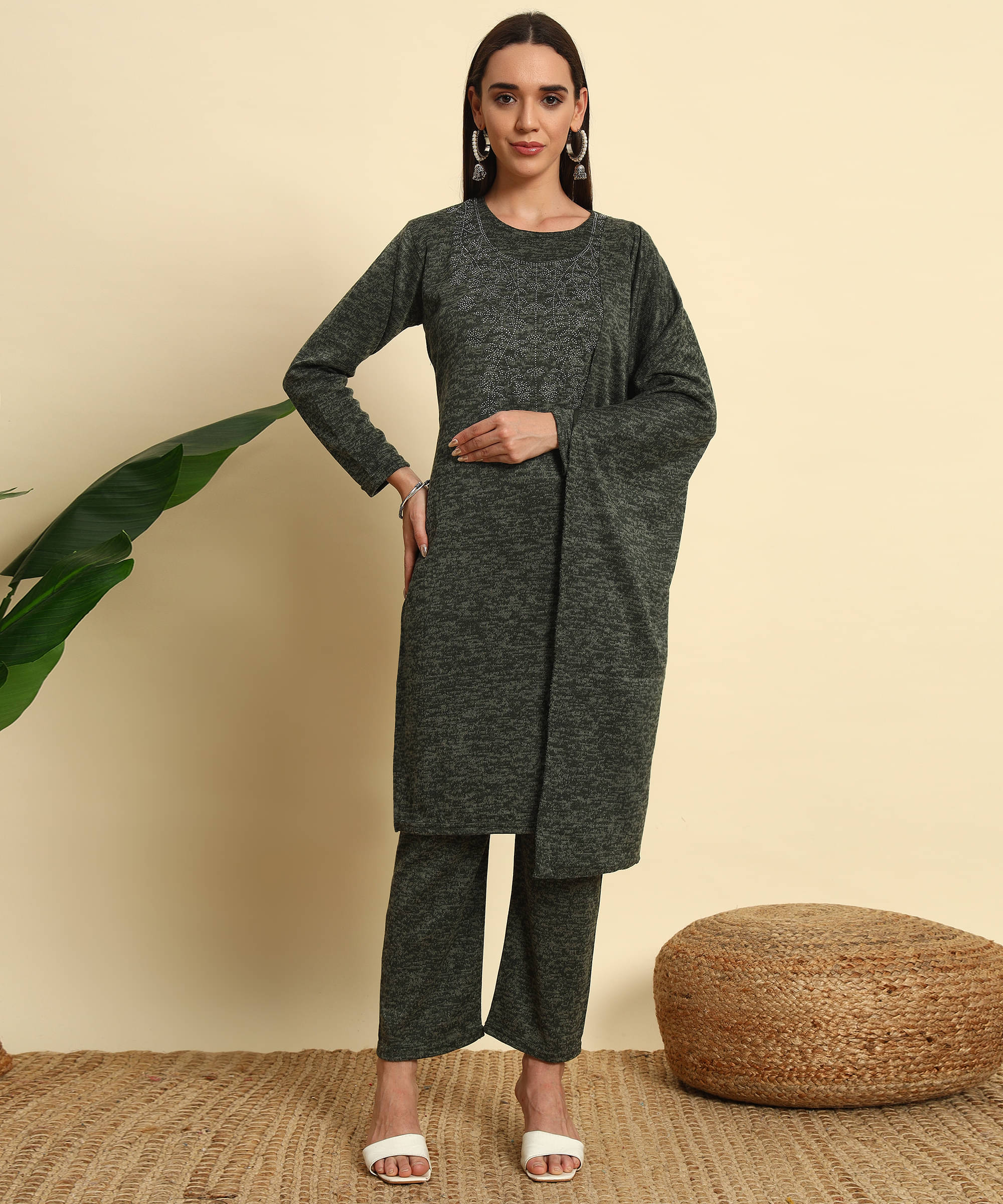     			ZEPPI Women Woollen Embroidered Straight Kurti With Palazzo ( Multicolor )