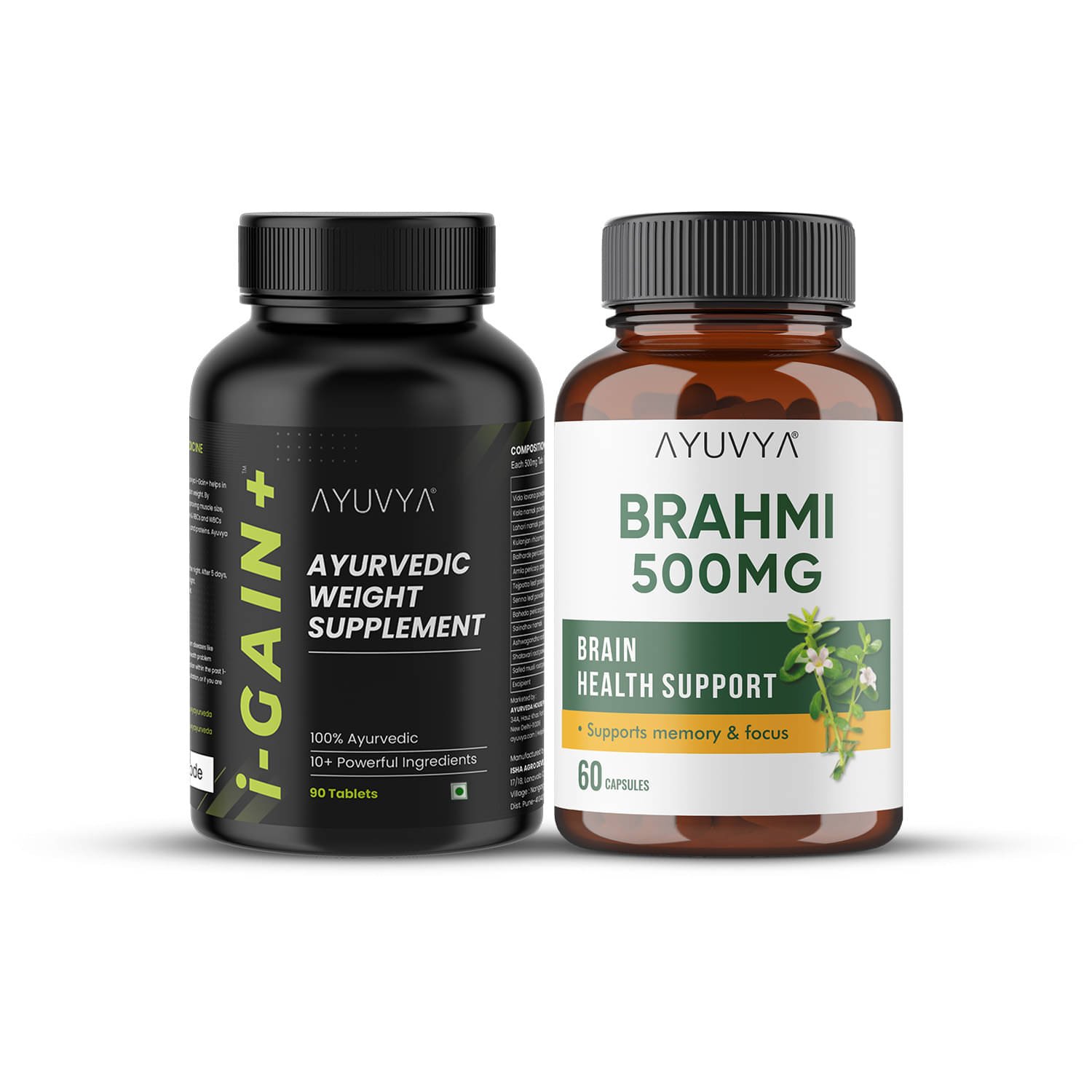     			Ayuvya i-Gain+ & Brahmi Combo Muscle Mass, Digestion, Memory & Stress Relief 90 i-Gain+ & 60 Brahmi Capsules (Pack of 2)