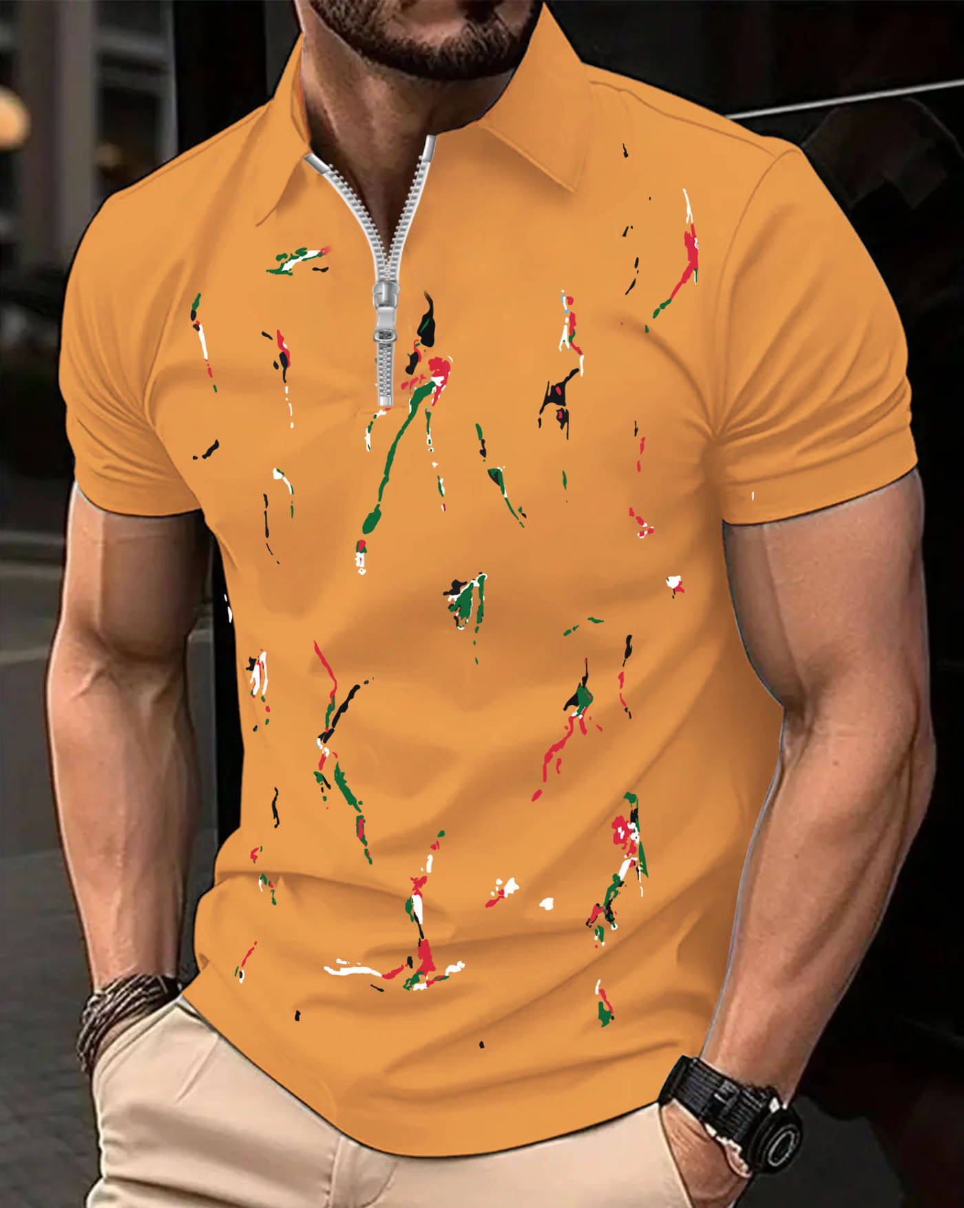     			AUSK Men Cotton Blend Regular Fit Printed Polo T Shirt ( Mustard )