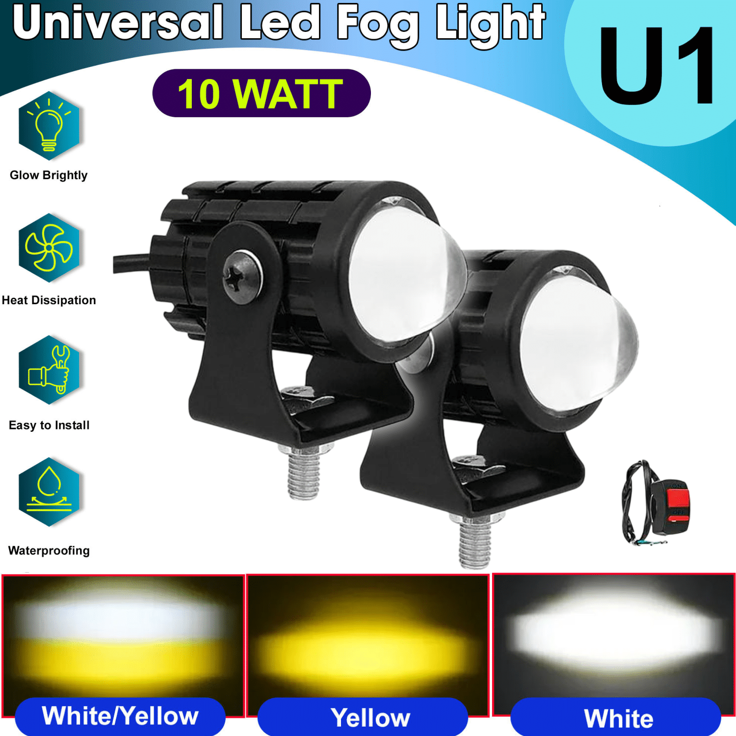 Aksmit On/Off Switch (Set of 2 Pcs) Mini Drive Projector Lens Led Bar Fog Light for Car, Bike, Scooty With White & Amber Yellow Aksmit On/Off Switch (Set of 2 Pcs) Mini Drive Projector Lens Led Bar Fog Light for Car, Bike, Scooty With White & Amber Yellow