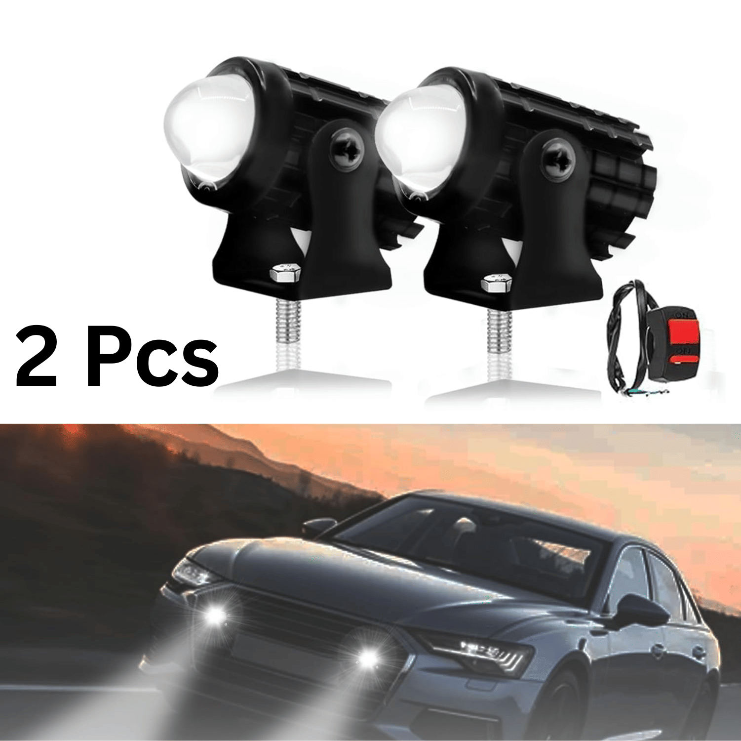 Aksmit (Pack Of 2, with Turn On/Off Switch) Mini Driving Fog Light Lamp Projector Lens Spotlight Led Motorcycle Headlight Dual Color Motorbike Lighting System