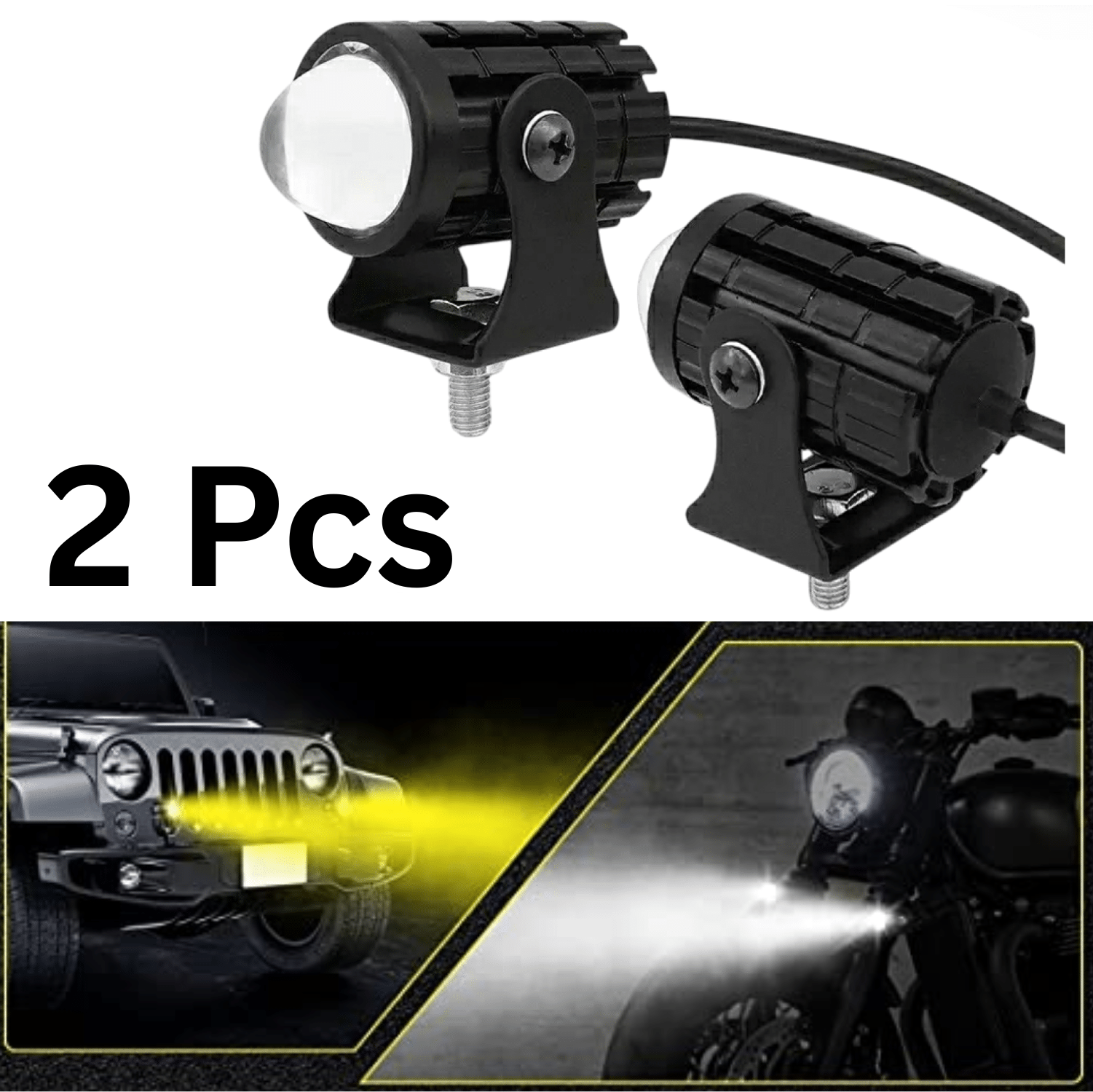     			Aksmit (Set of 2 Pcs)  Mini Drive Projector Lens Led Bar Fog Light for Car, Bike, Scooty With White & Amber Yellow Hi-Lo Beam, Metal Body
