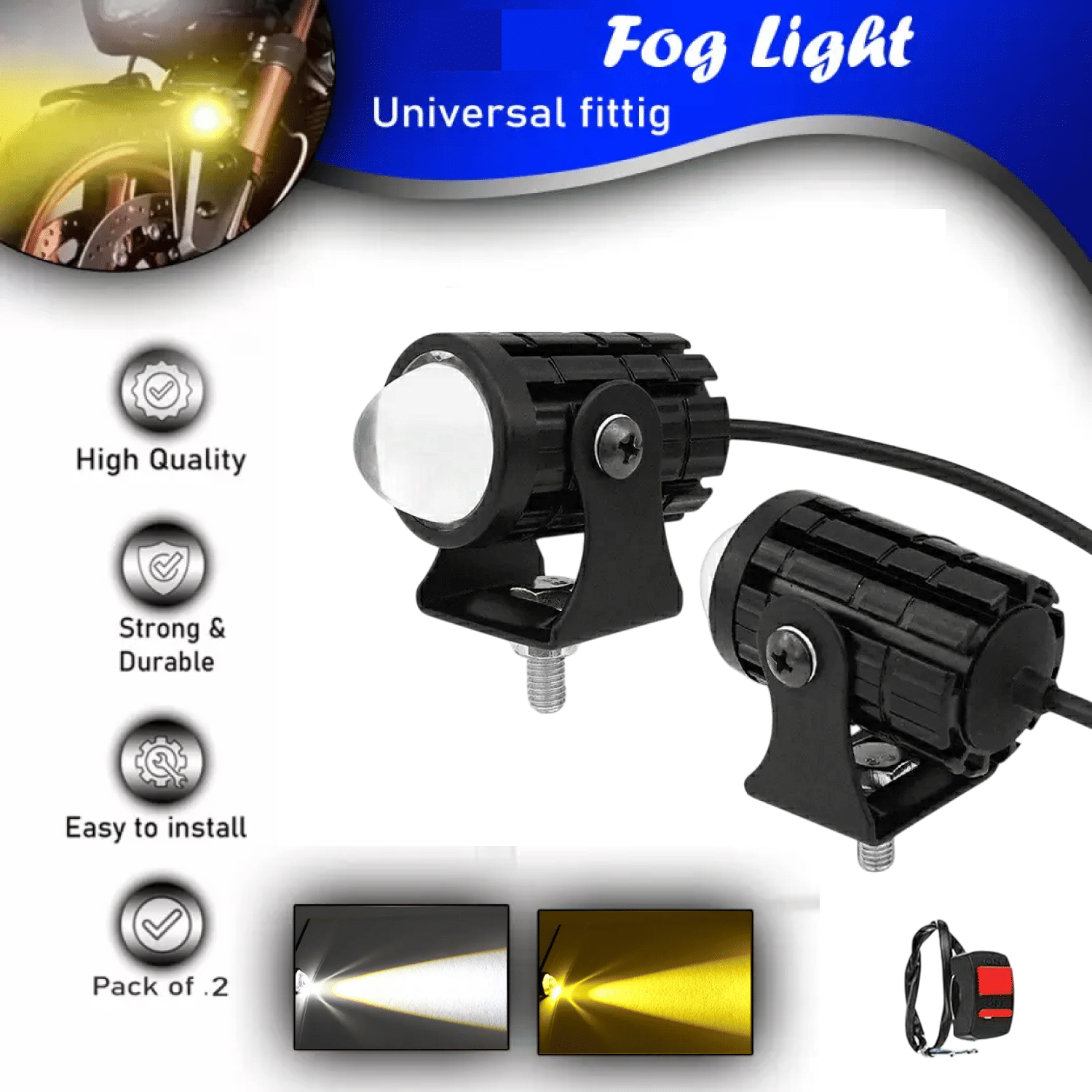 Aksmit (Set of 2 Pcs) Mini Drive Projector Lens Led Bar Fog Light for Car, Bike, Scooty With White & Amber Yellow Hi-Lo Beam, Metal Body, with Turn On/Off Switch