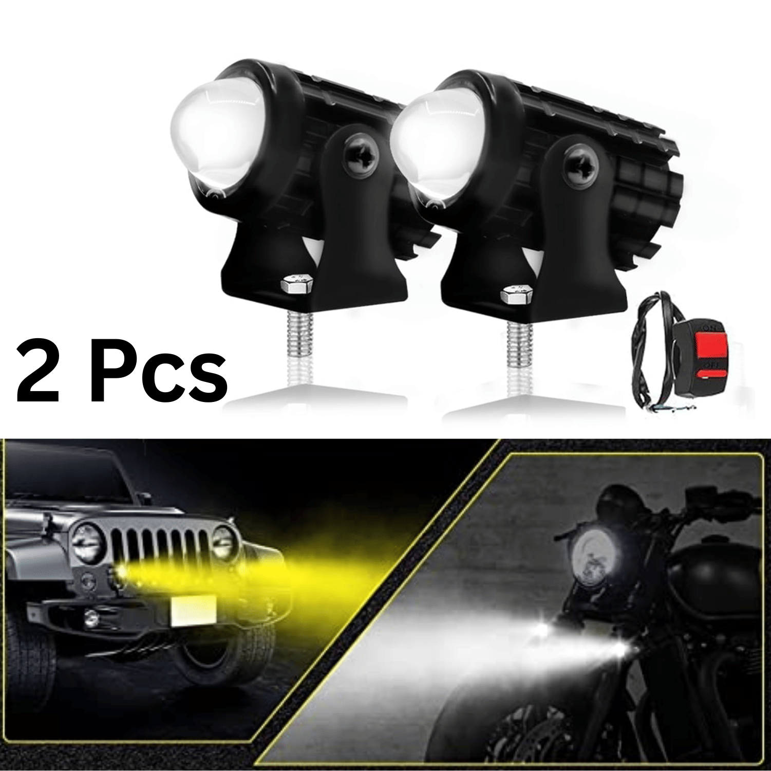 Aksmit (Set of 2 Pcs)  White & Yellow Mini Driving Fog Light Lamp Projector Lens Spotlight Led Motorcycle Headlight Dual Color Motorbike Lighting System (12 V, 36 W) With Switch, Battery Powered