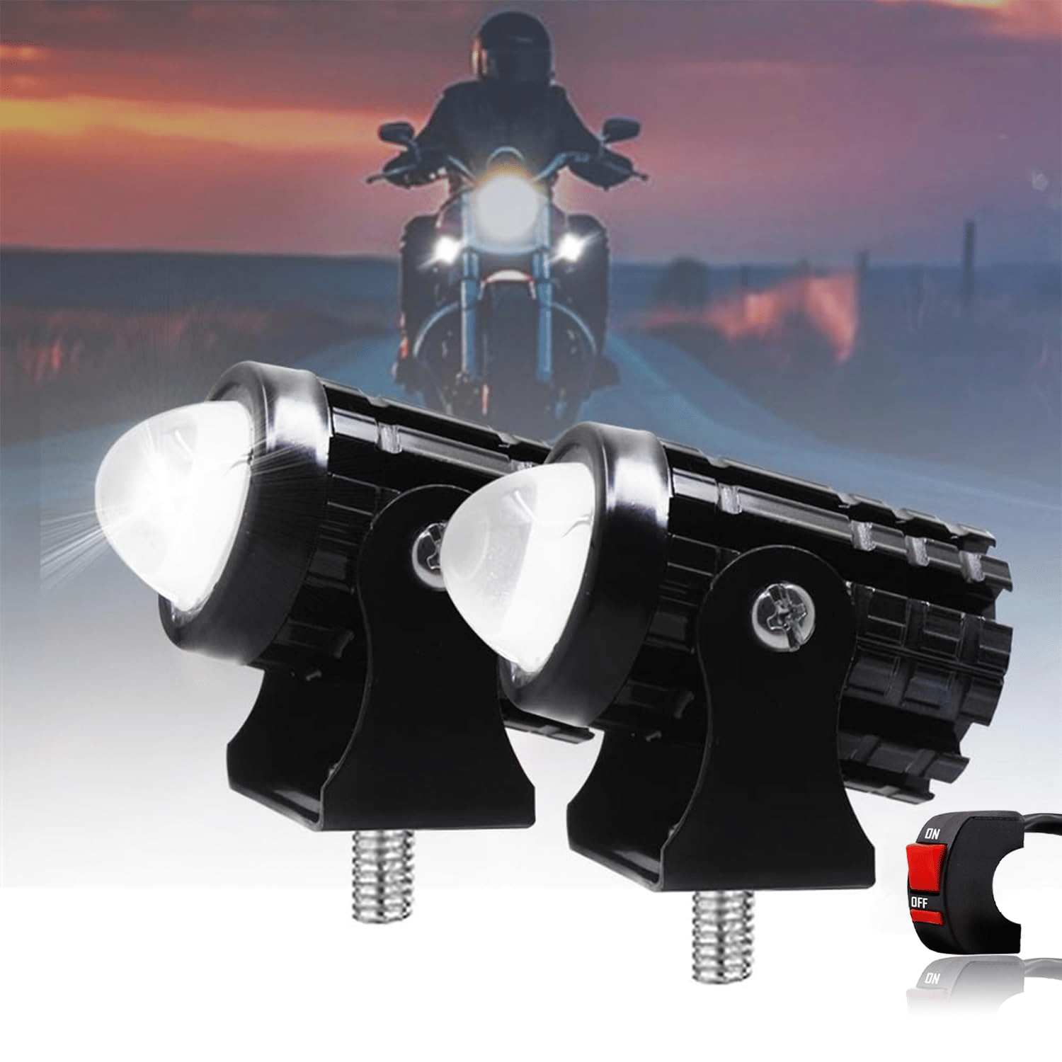 Aksmit White And Yellow (Pack Of 2, On/Off Switch)  Universal Mini Driving Fog Light Lamp Projector Lens Spotlight Led Motorcycle Headlight Dual Color Motorbike Lighting System