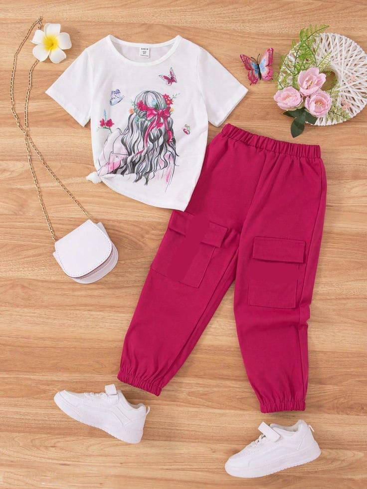 FABOZA Pack of 1 Girls Cotton Blend T-shirt & Cargos ( White & Pink ) FABOZA Pack of 1 Girls Cotton Blend T-shirt & Cargos ( White & Pink )