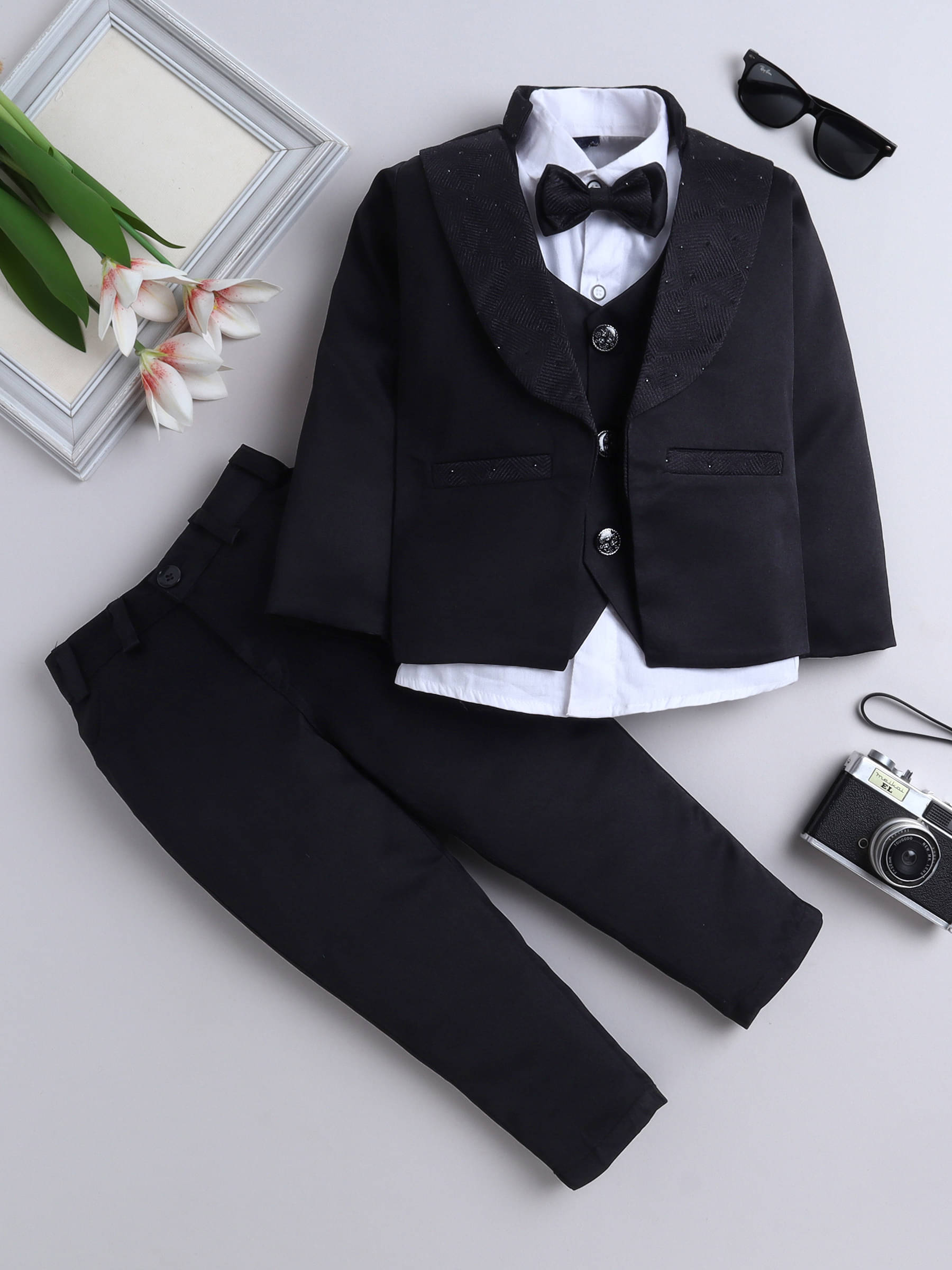     			Fourfolds Pack of 1 Boys Cotton Shirt & Pants Set ( Black )