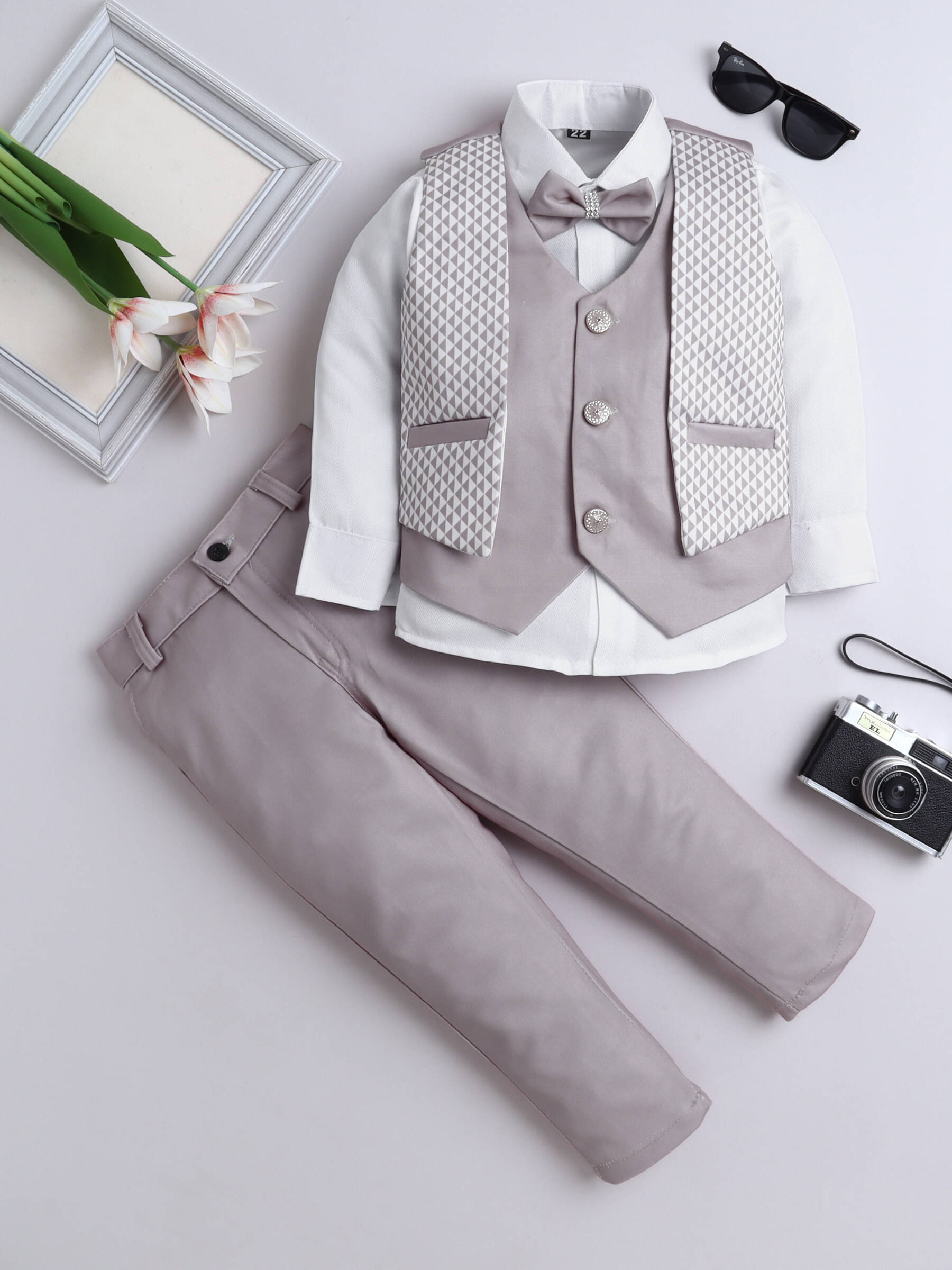     			Fourfolds Pack of 1 Boys Cotton Blend Shirt & Pants Set ( Brown )