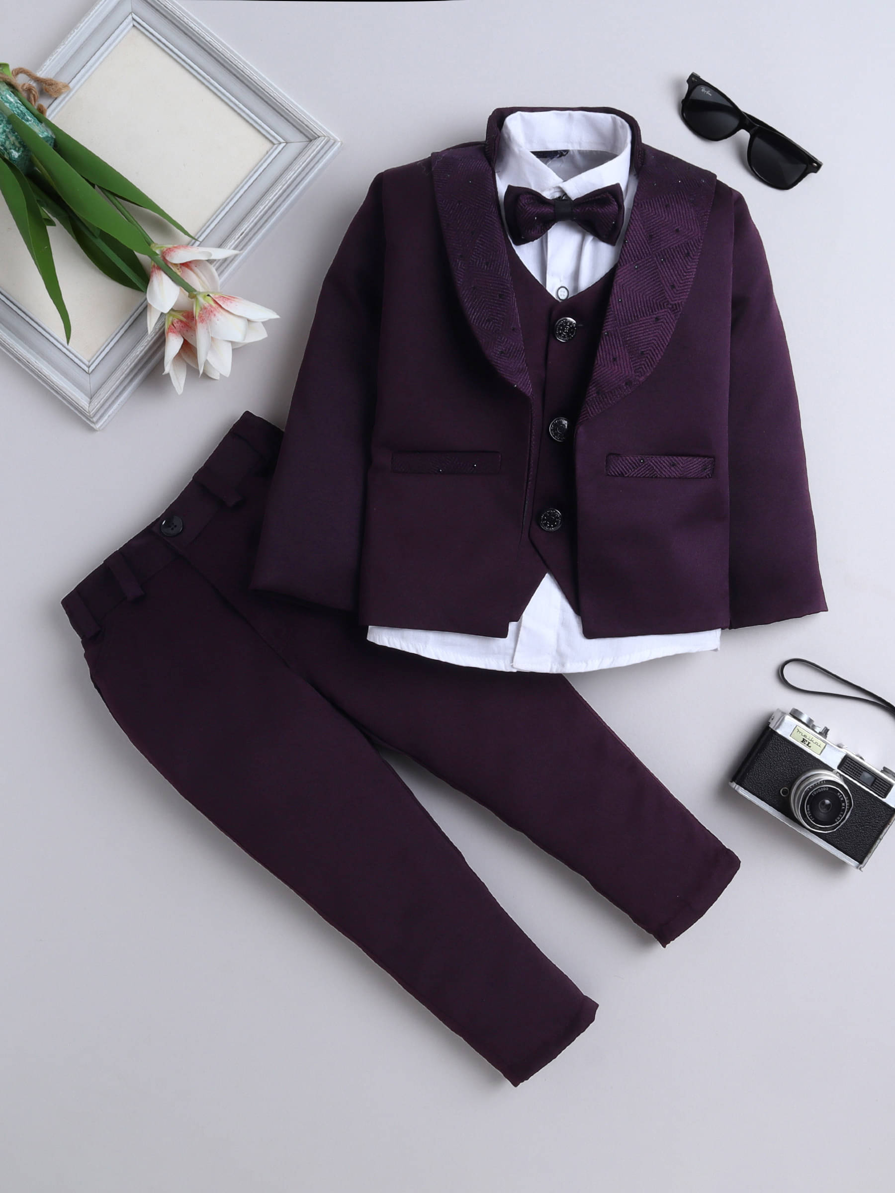     			Fourfolds Pack of 1 Boys Cotton Shirt & Pants Set ( Purple )