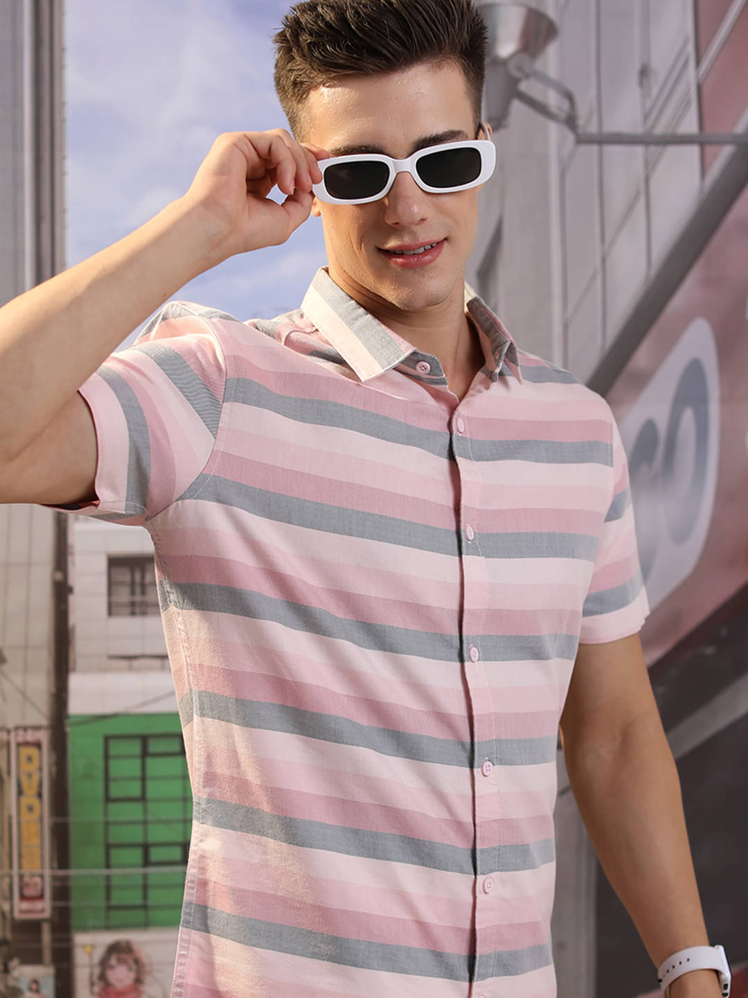     			Highlander Poly Cotton Slim Fit Striped Half Sleeves Men's Casual Shirt - Pink ( Pack of 1 )