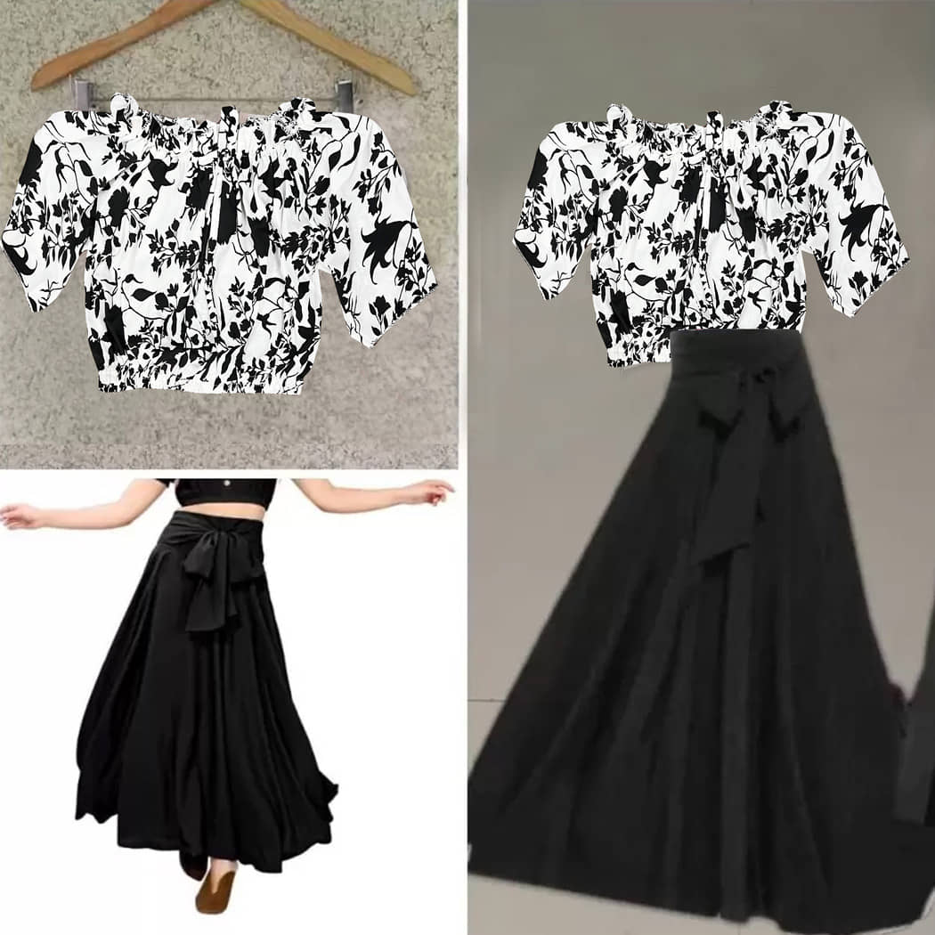 KAHARA Women Printed Top With Skirt Co-Ord Set ( Black )