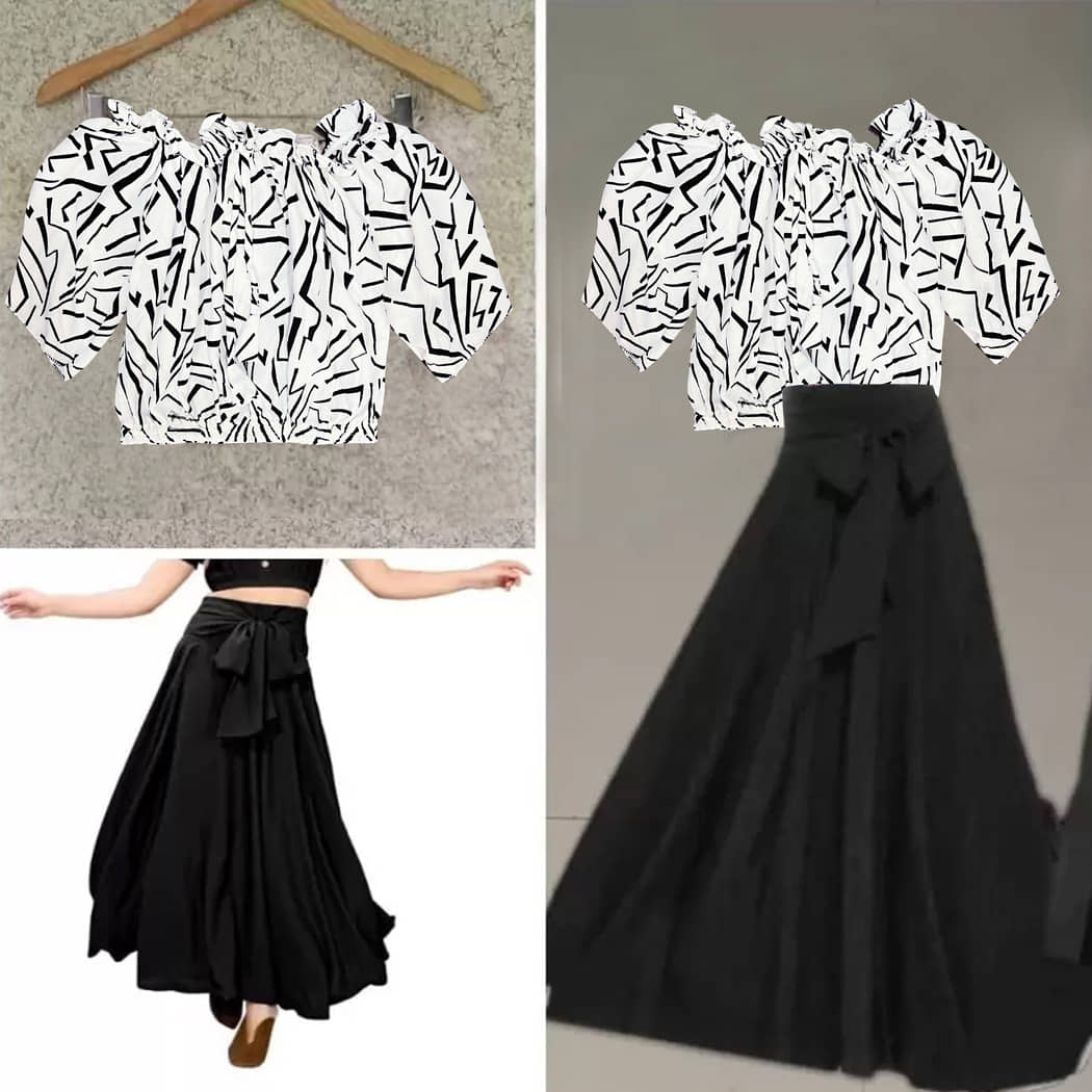 KAHARA Women Printed Top With Skirt Co-Ord Set ( Black )
