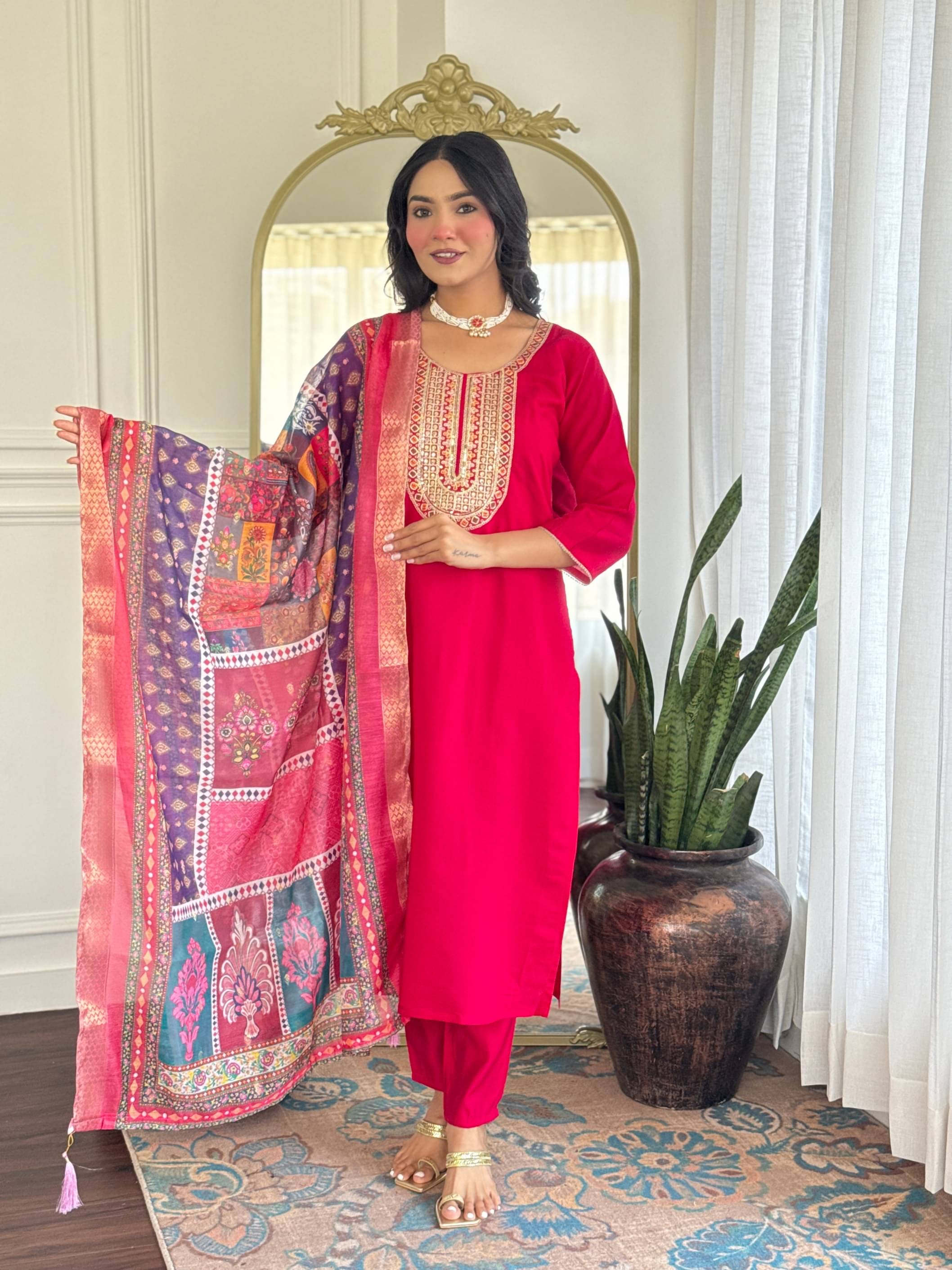 Krisio Women Chanderi Silk Embroidered Straight Kurti With Pants ( Pink ) Krisio Women Chanderi Silk Embroidered Straight Kurti With Pants ( Pink )